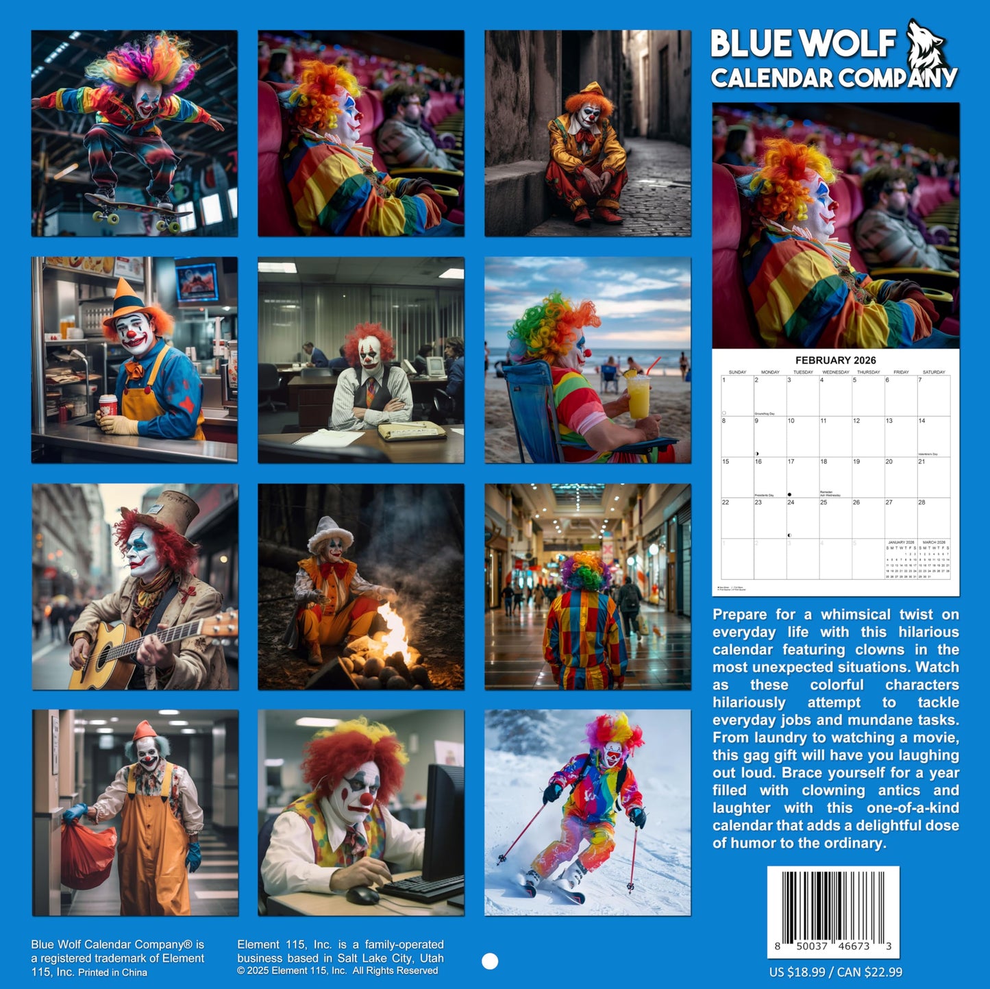 2026 Clowns in the Wild Monthly Wall Calendar | 12" x 24" | White Elephant Gag Gift Funny Creepy Clowns Calendar 2025-2026