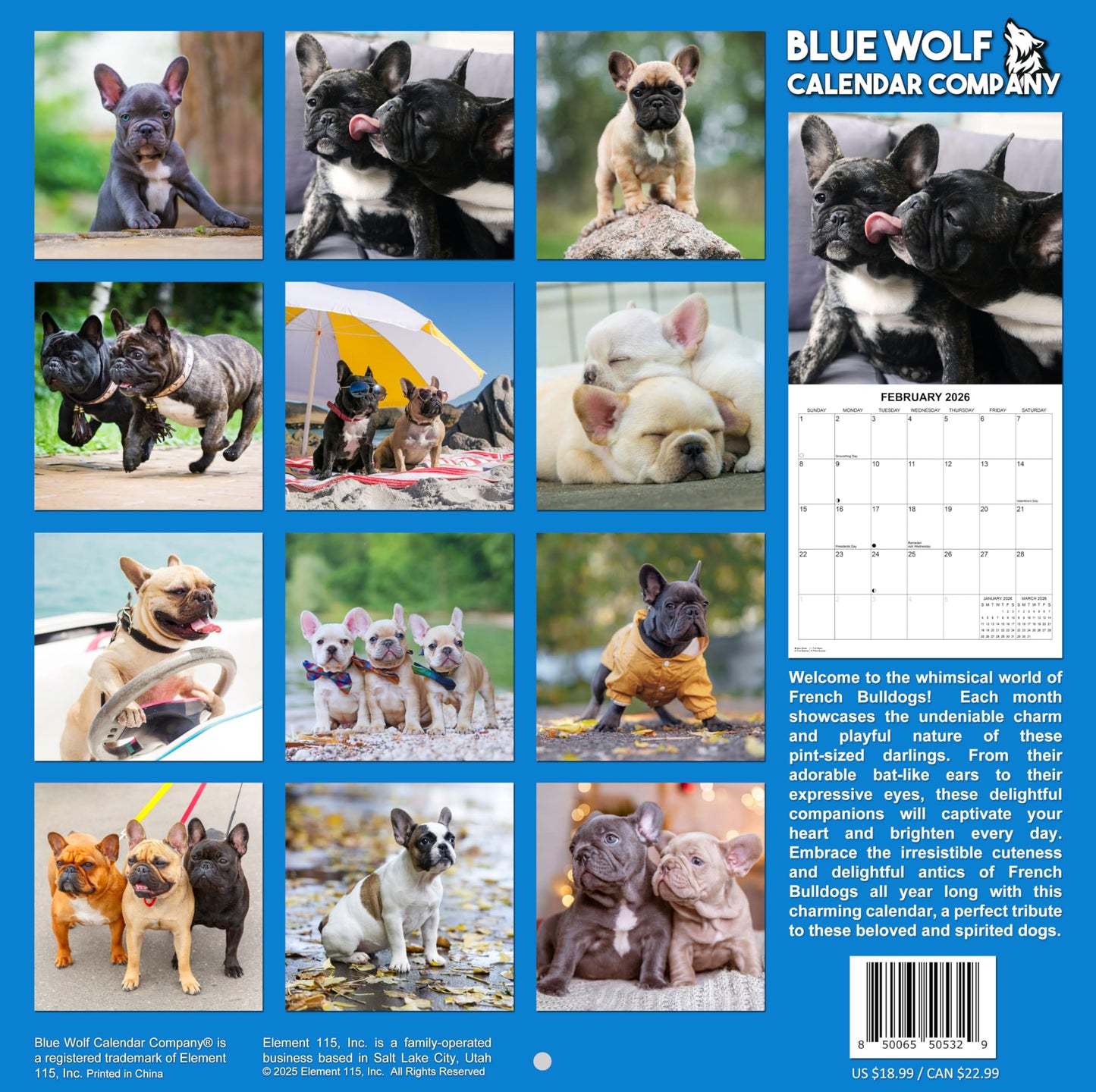 2026 French Bulldogs Monthly Hangable Wall Calendar | 12" x 24" | September 2025 - December 2026 Dog Calendar