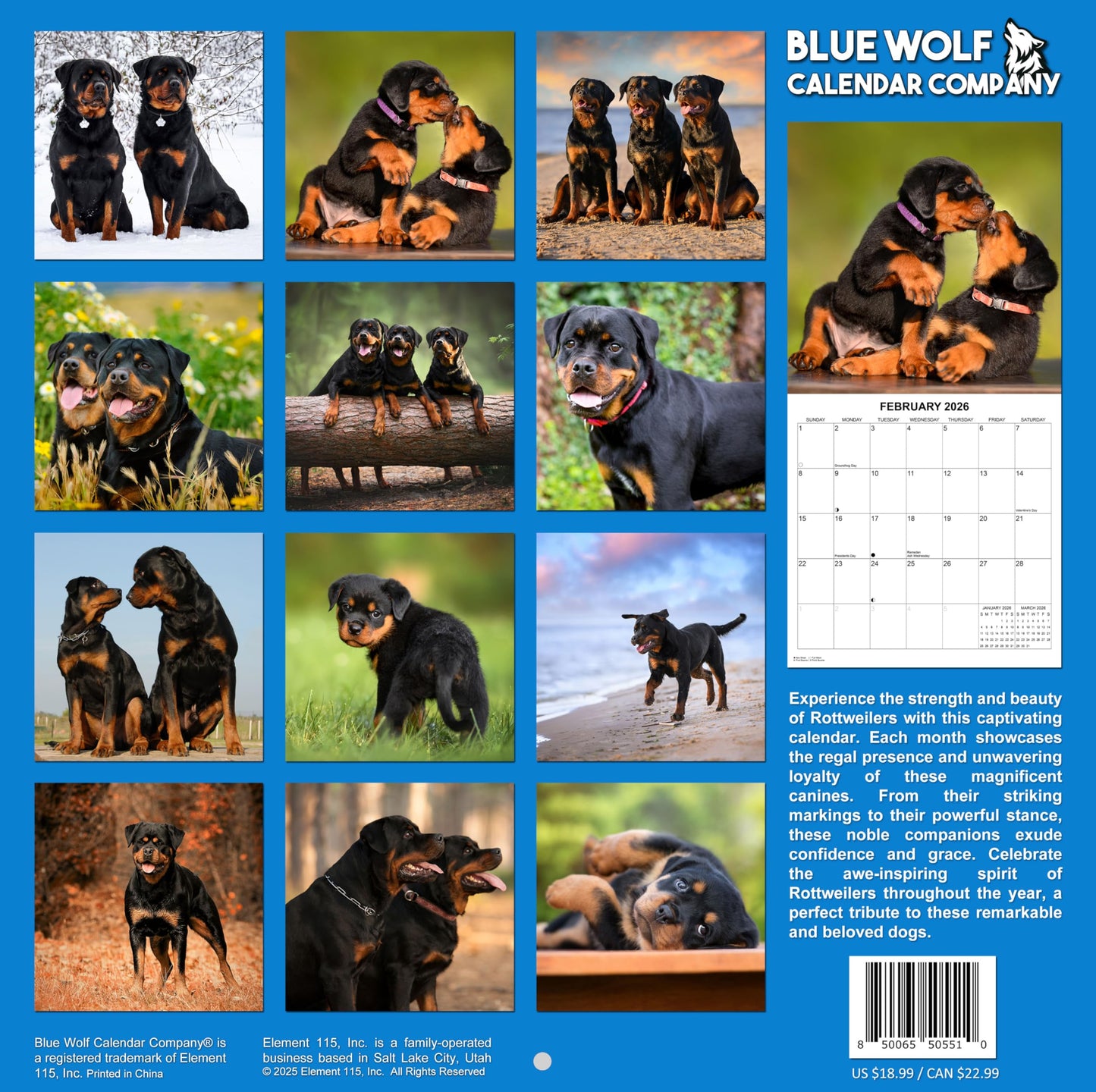 2026 Rottweilers Monthly Wall Calendar | 12" x 24" | Dog Calendar September 2025 - December 2026