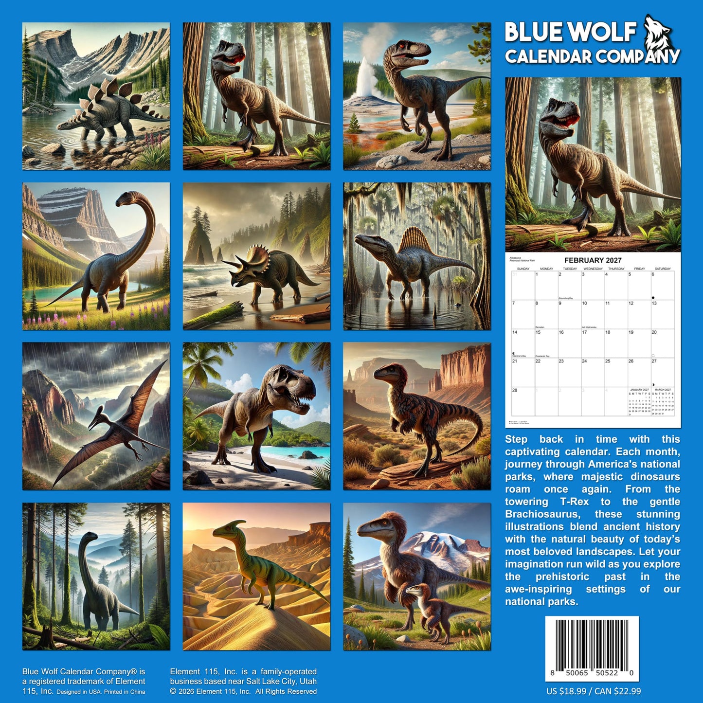2027 Dinosaurs in National Parks Monthly Wall Calendar | Dinosaur Gift Calendar 2026-2027