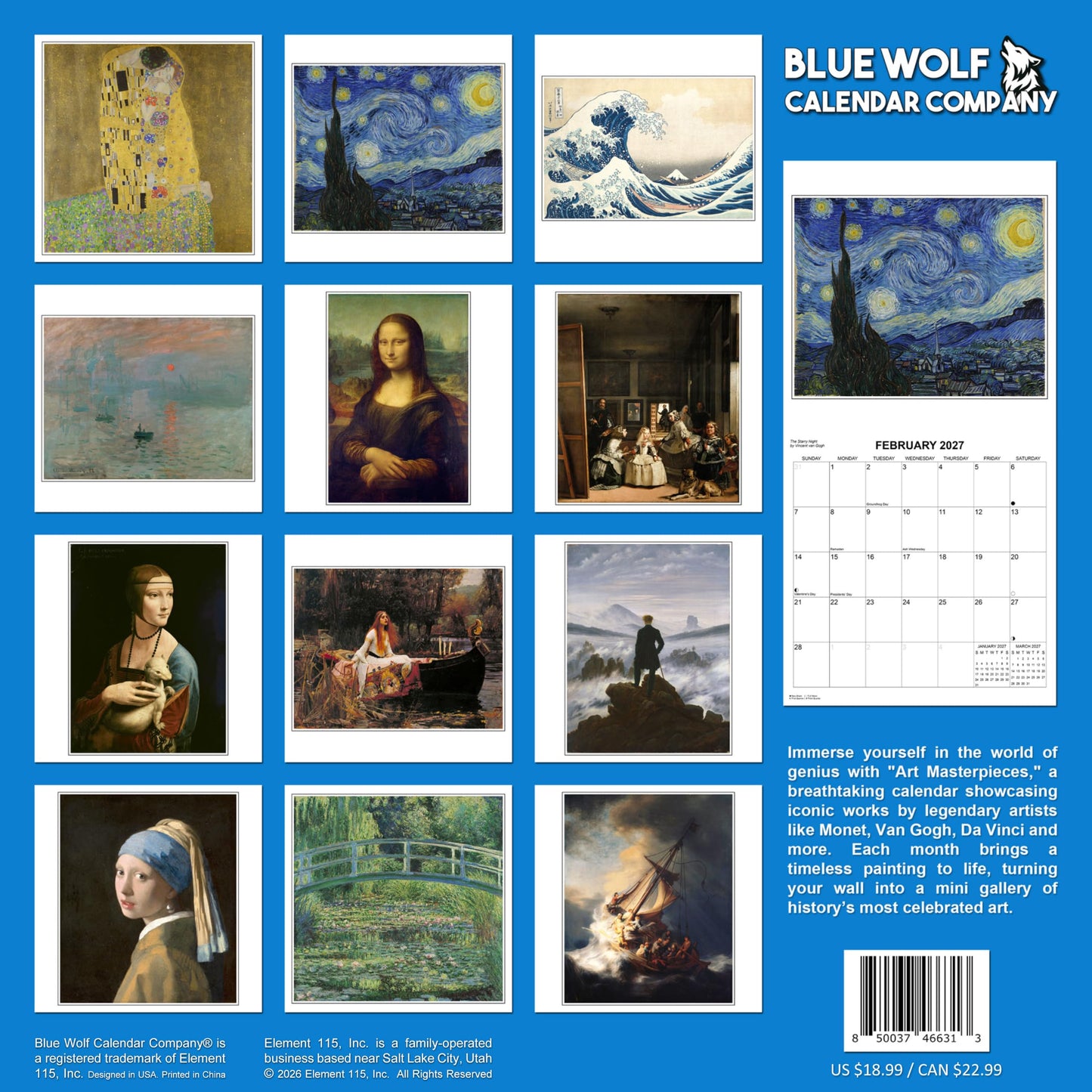 2027 Art Masterpieces Monthly Wall Calendar - Famous Paintings including Monet, Van Gogh, Rembrandt| Iconic Paintings Calendar 2026-2027