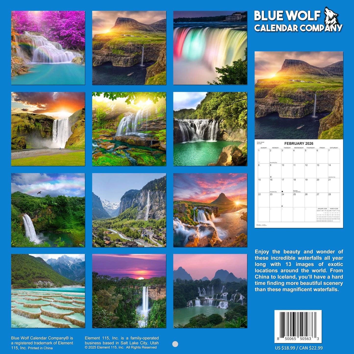 2026 Waterfalls Monthly Wall Calendar | 12" x 24" | Travel Calendar 2025-2026