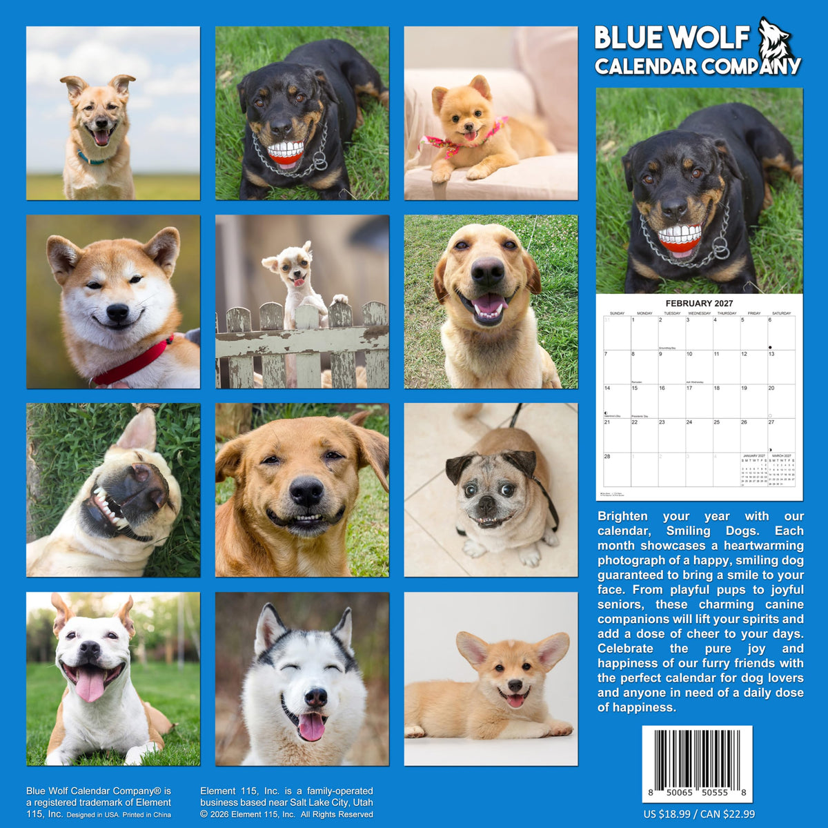2027 Smiling Dogs Monthly Wall Calendar | Funny Happy Dogs Calendar September 2026 - December 2027