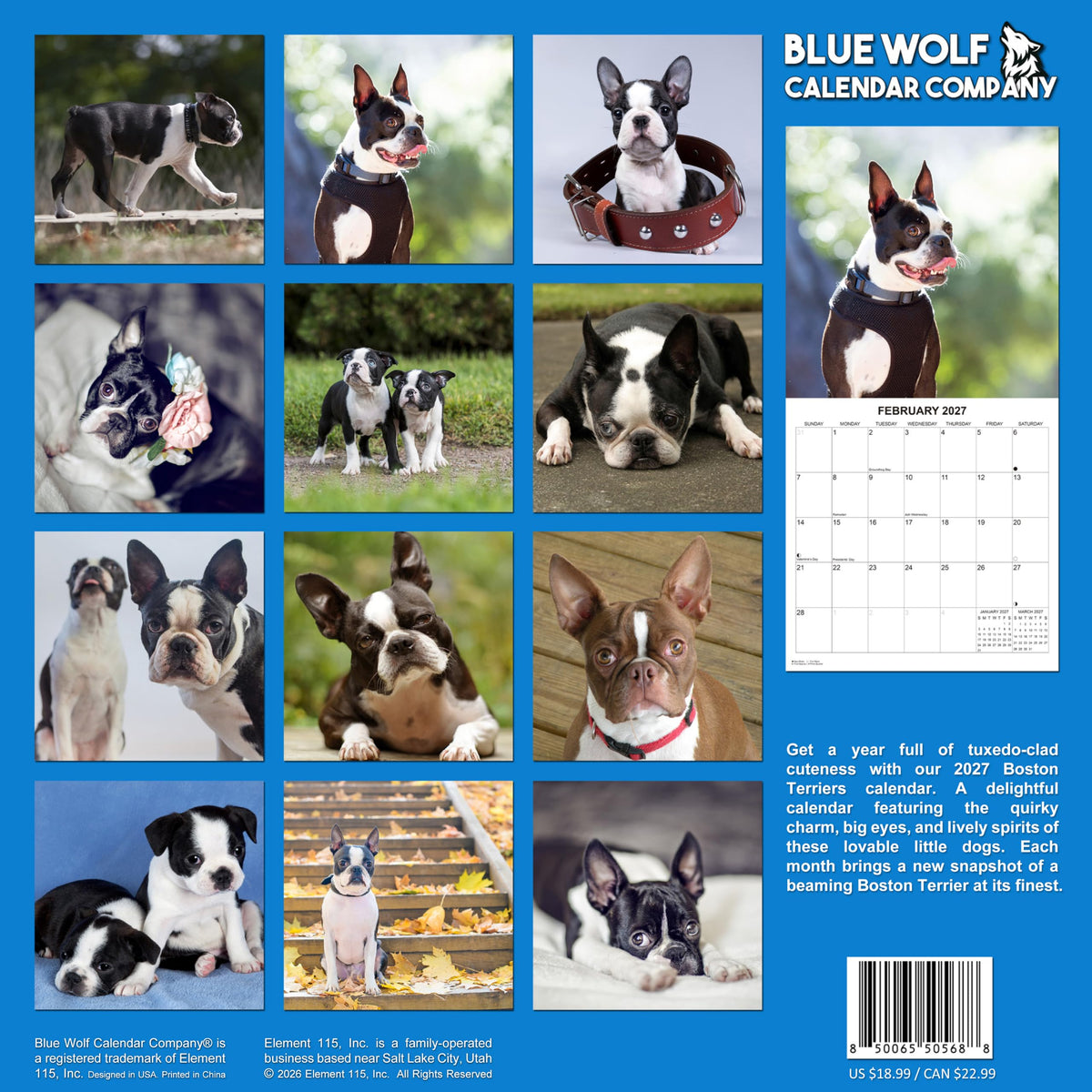 2027 Boston Terriers Monthly Wall Calendar | Dog Calendar September 2026- December 2027