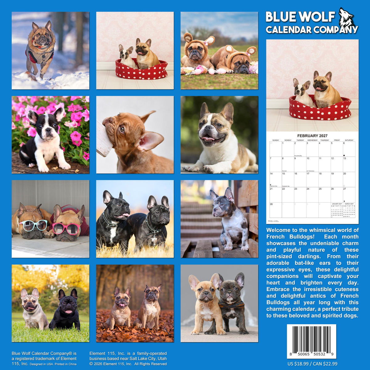 2027 French Bulldogs Monthly Wall Calendar | Cute Dog Calendar 2026-2027