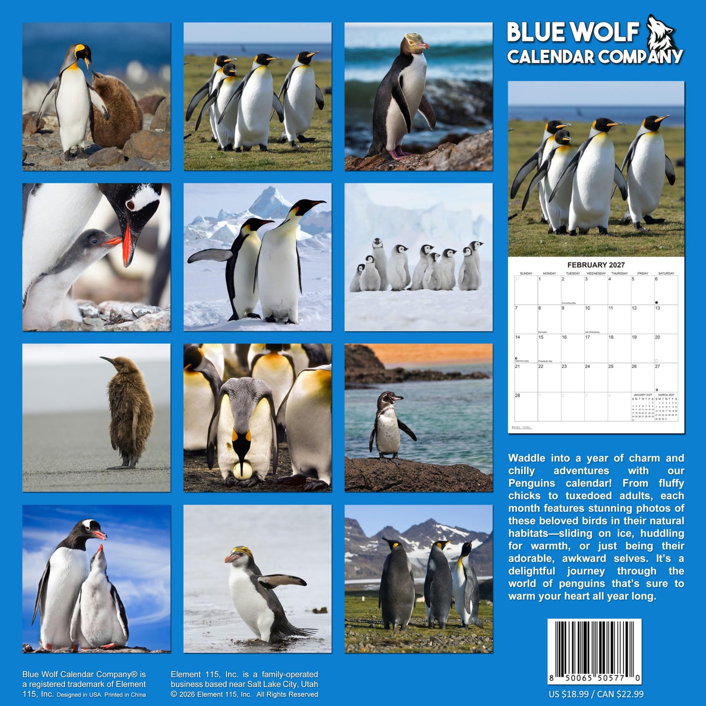 2027 Penguins Monthly Wall Calendar | Cute Animals Calendar 2026-2027