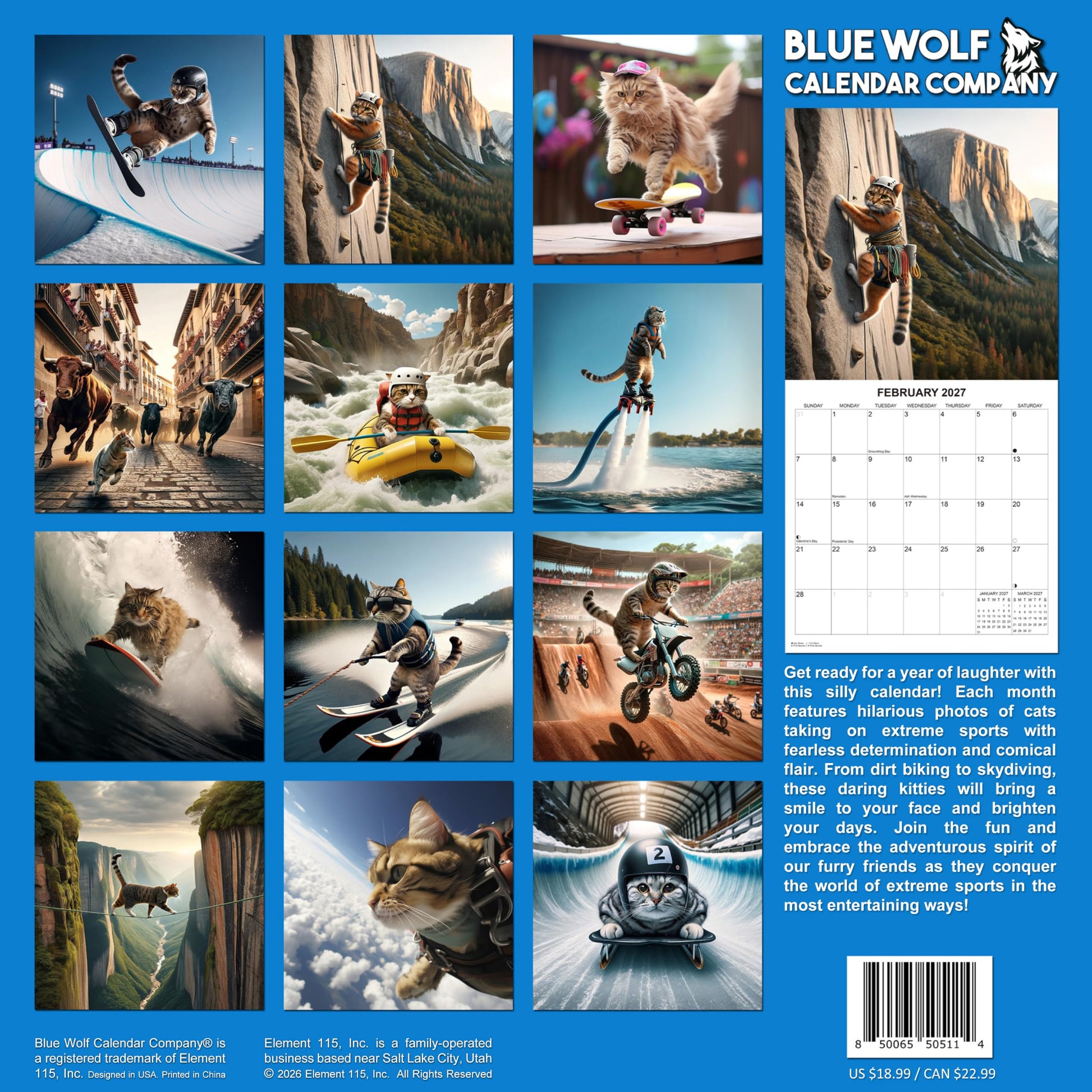 2027 Extreme Sports Cats Monthly Wall Calendar - Funny Gag Gift | Funny Cats Gift Calendar 2026-2027