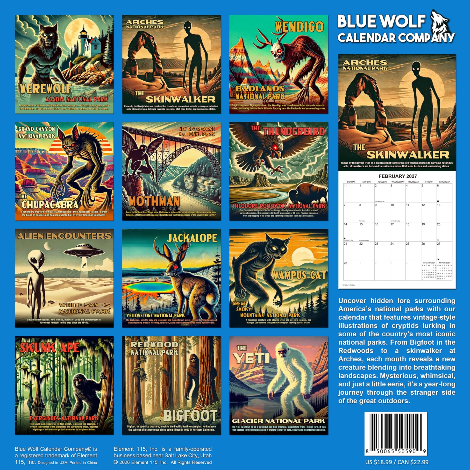 2027 National Park Lore - Cryptids in National Parks Monthly Wall Calendar | Monsters Gift Calendar 2026-2027