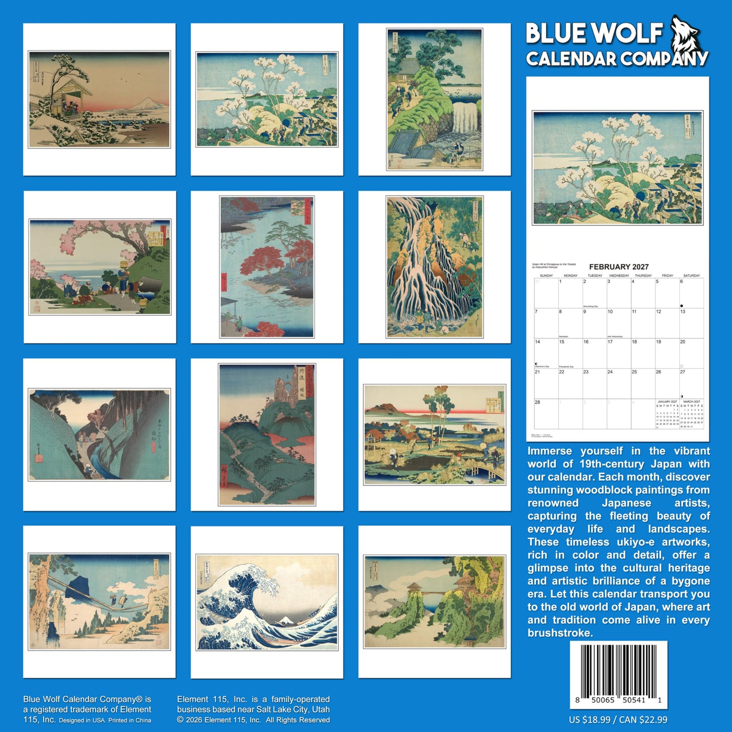 2027 Japanese Woodblock Art Monthly Wall Calendar | Ukiyo-e Style Paintings Calendar 2026-2027