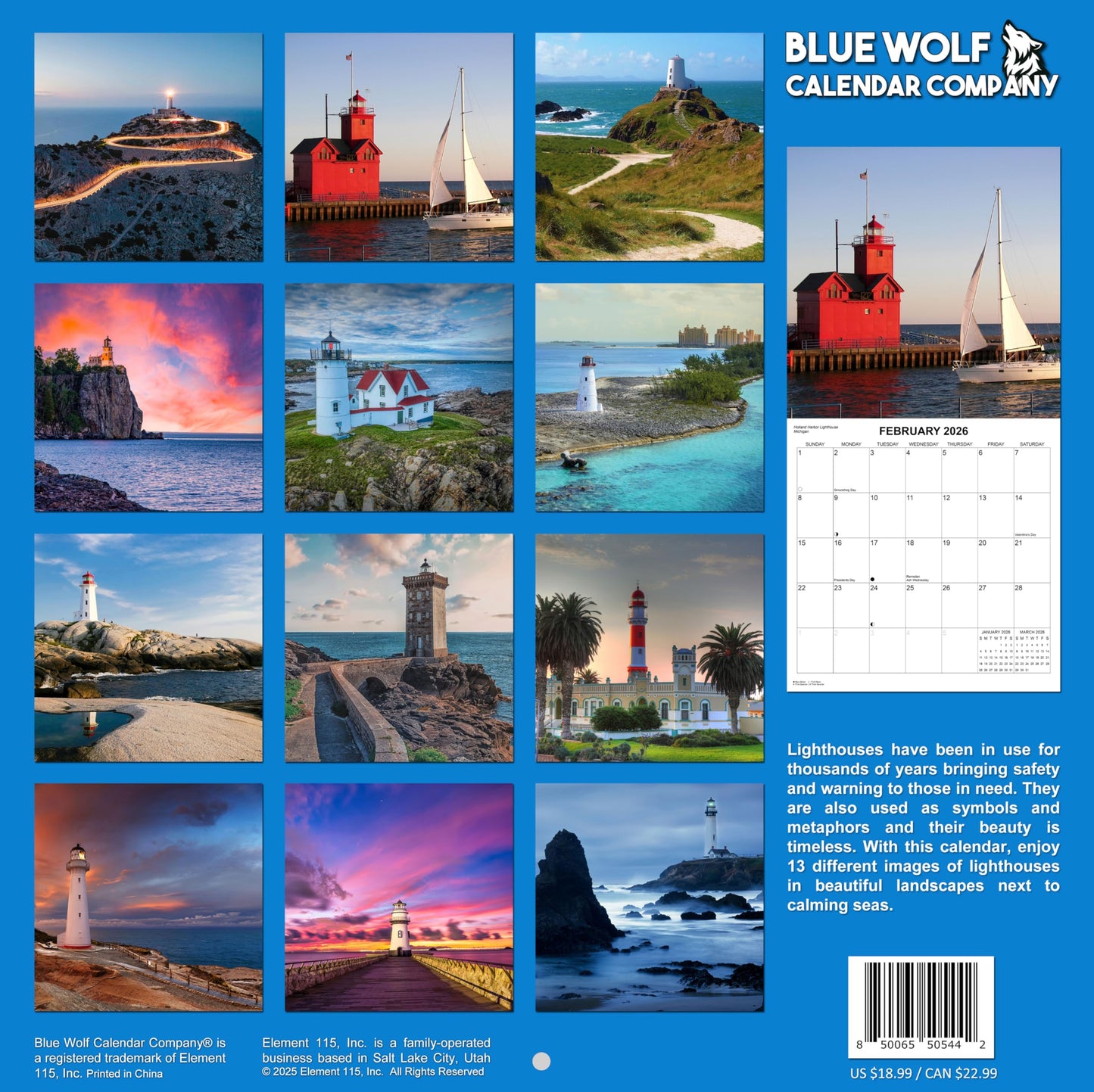 2026 Lighthouses Monthly Wall Calendar | 12" x 24" | Travel Calendar 2025-2026