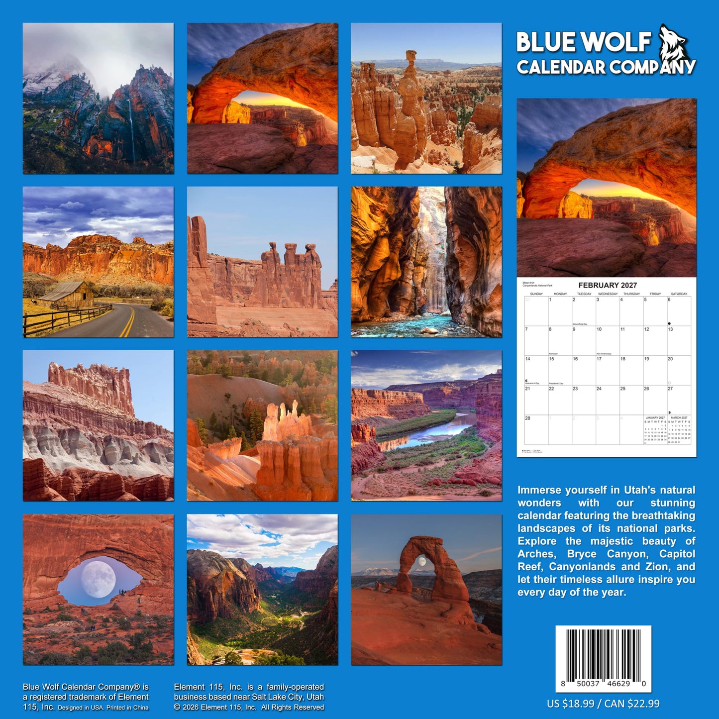 2027 Utah National Parks Monthly Wall Calendar | Travel Calendar 2026-2027