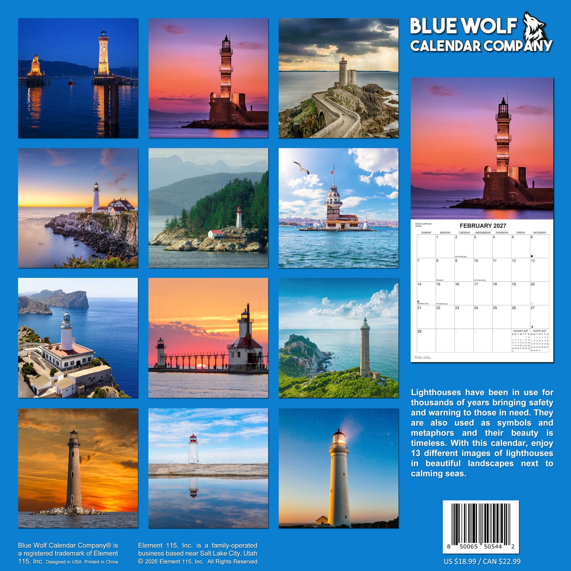 2027 Lighthouses Monthly Wall Calendar | Travel Calendar 2026-2027