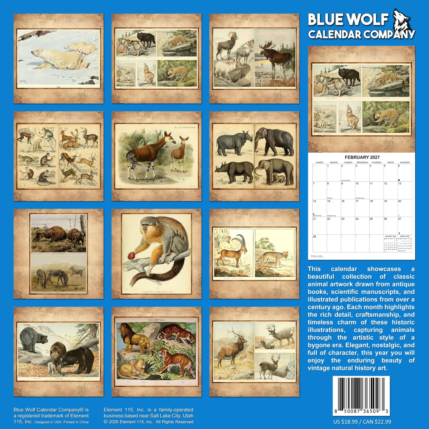 2027 Vintage Animal Illustrations Monthly Wall Calendar | Retro Animal Art Calendar 2026-2027