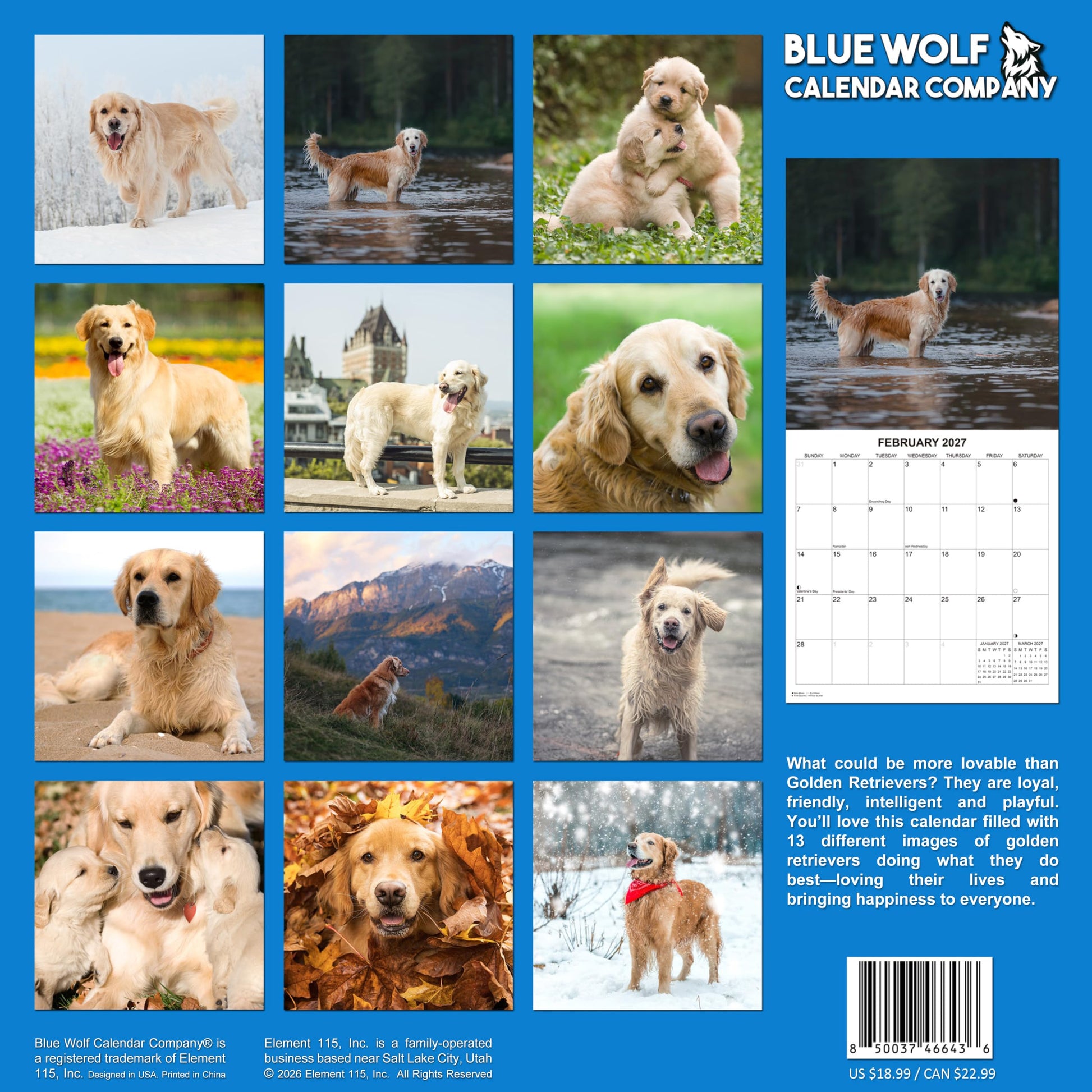 2027 Golden Retrievers Monthly Wall Calendar | Cute Dogs Calendar September 2026 - December 2027