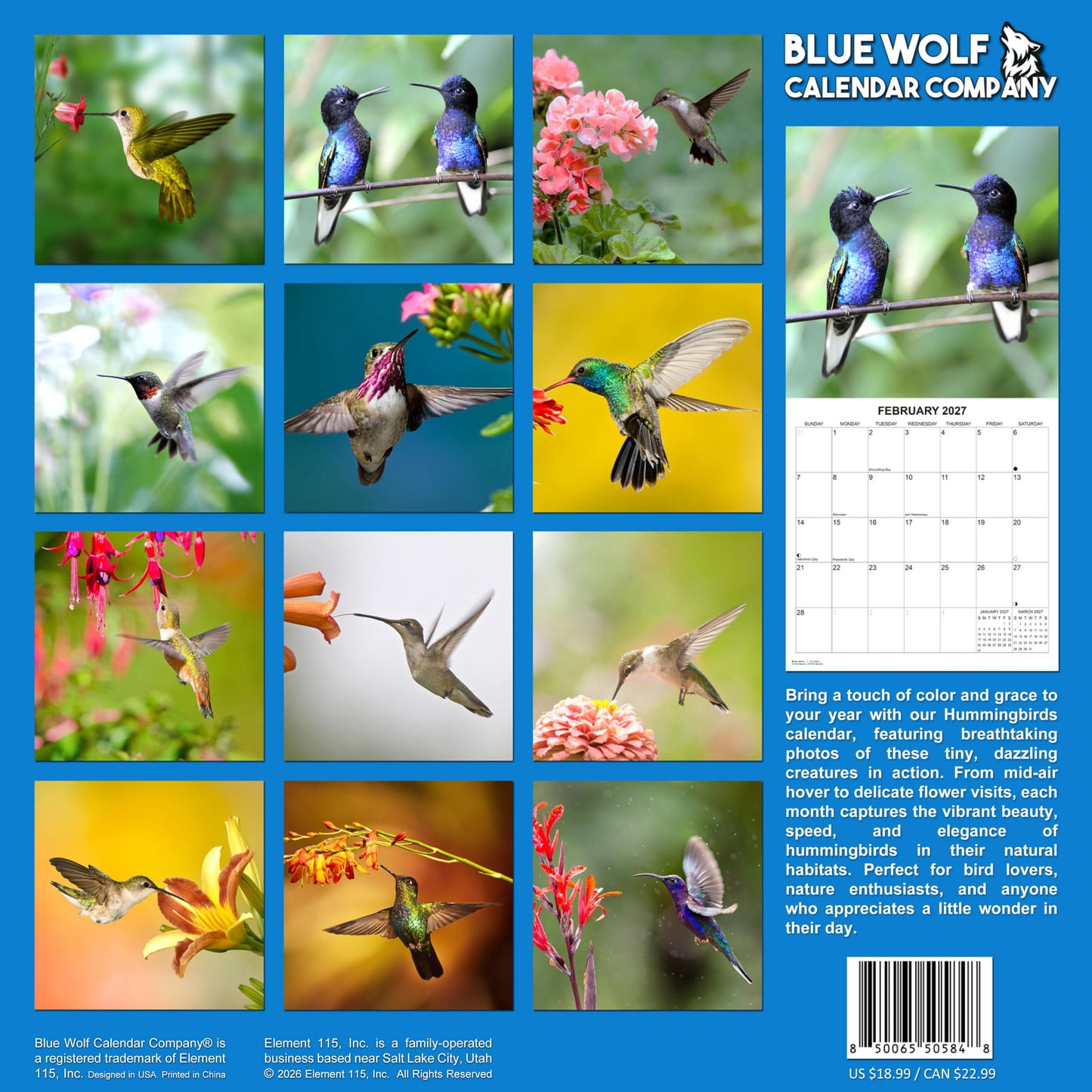 2027 Hummingbirds Monthly Wall Calendar | Animals Calendar 2026-2027