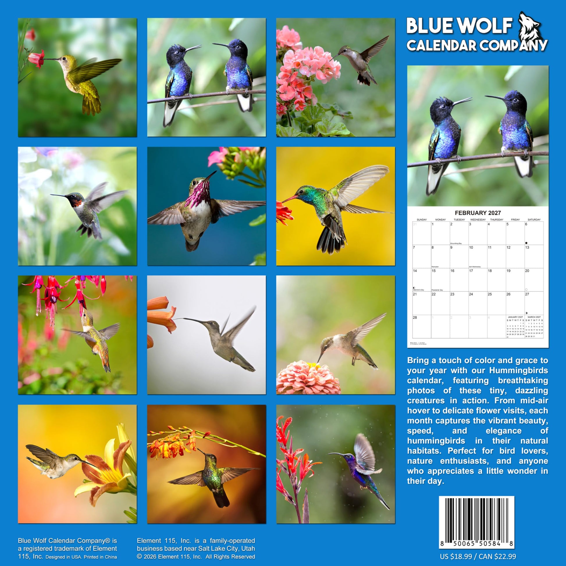 2027 Hummingbirds Monthly Wall Calendar | Animals Calendar 2026-2027