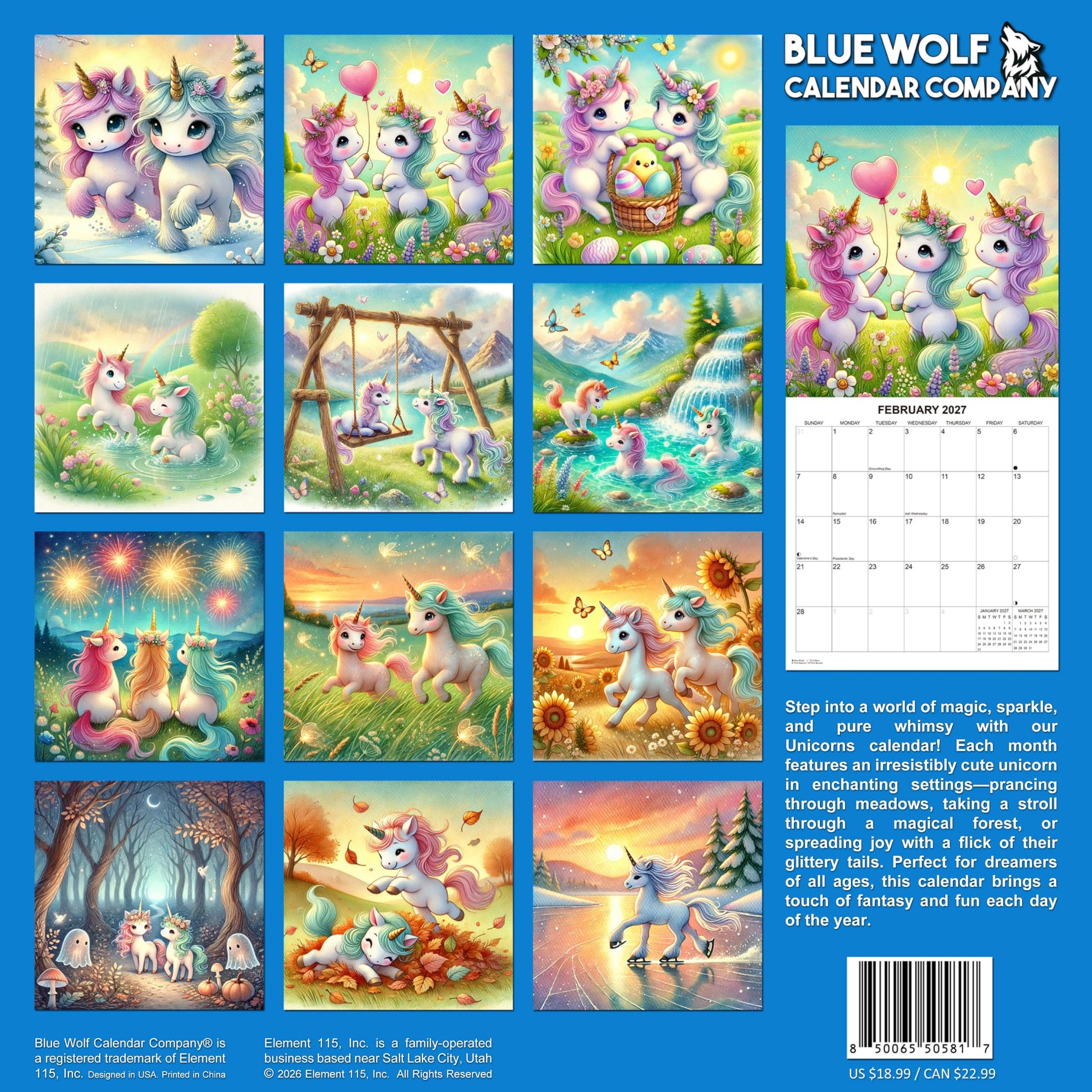 2027 Unicorns Monthly Wall Calendar | Fantasy Unicorn Art Calendar 2026-2027