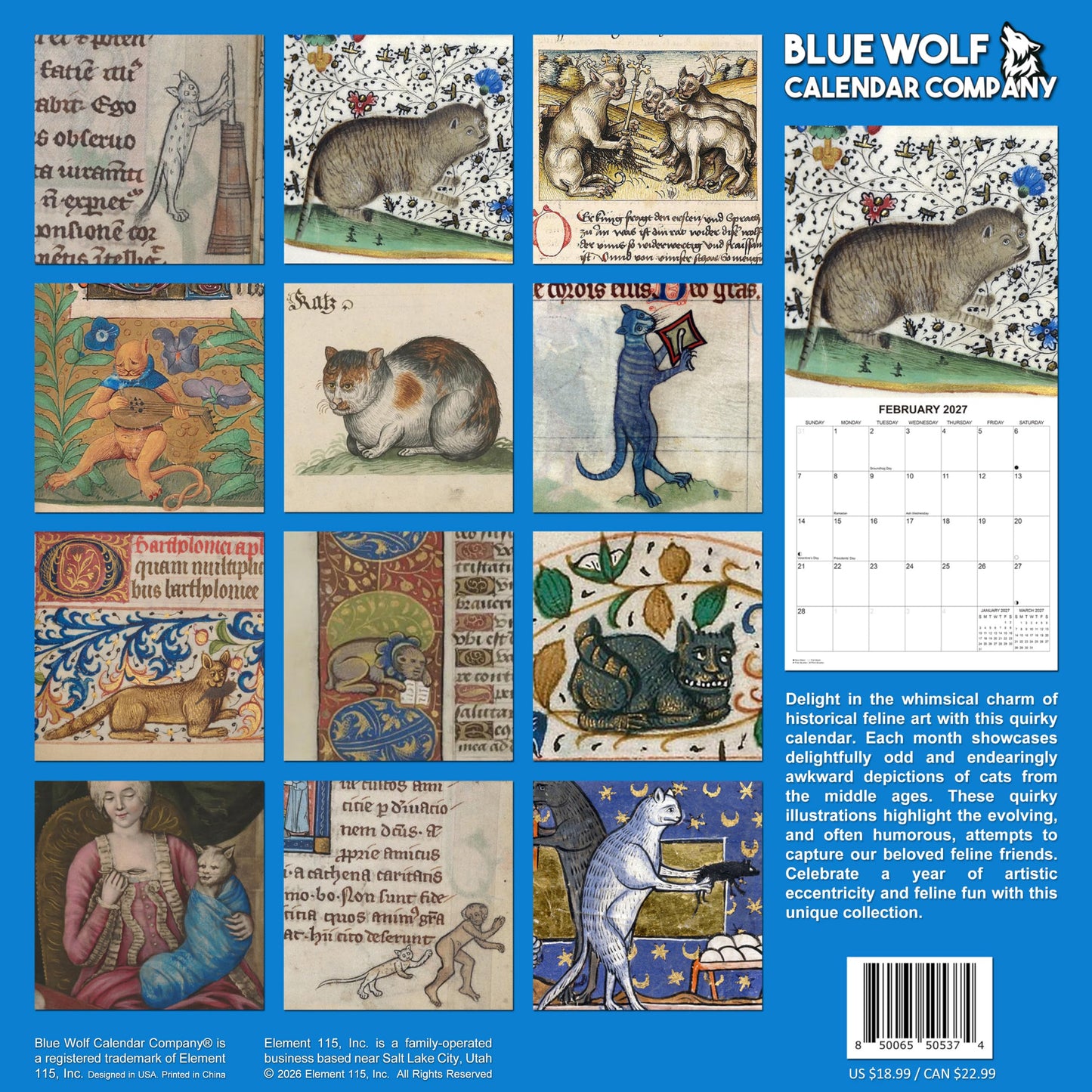 2027 Strange Medieval Cats White Elephant Monthly Wall Calendar - Funny Gag Gift Ugly Cat Illustrations | Funny Medieval Art Gift Calendar 2026-2027