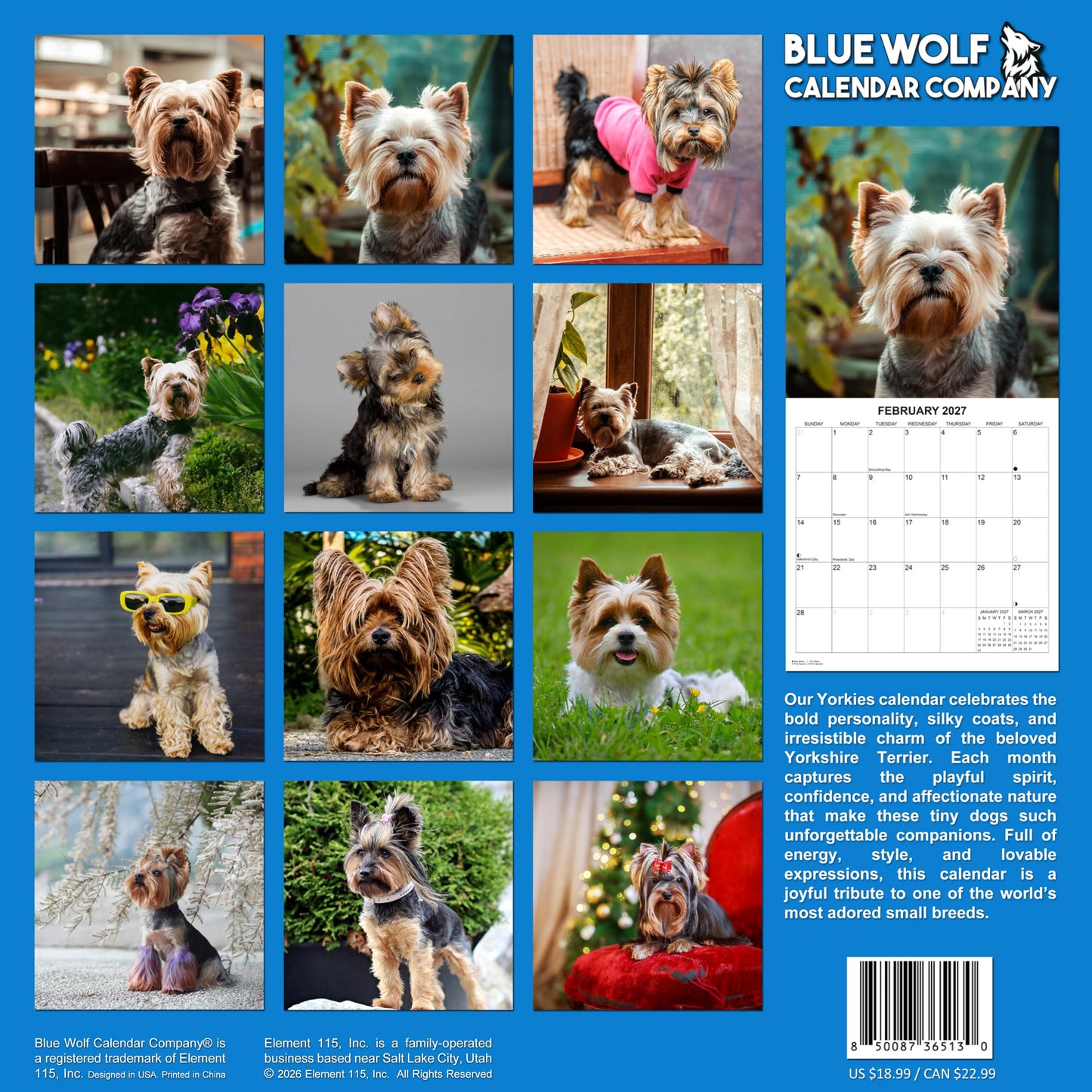 2027 Yorkies Monthly Wall Calendar | Yorkshire Terrier Calendar September 2026 - December 2027