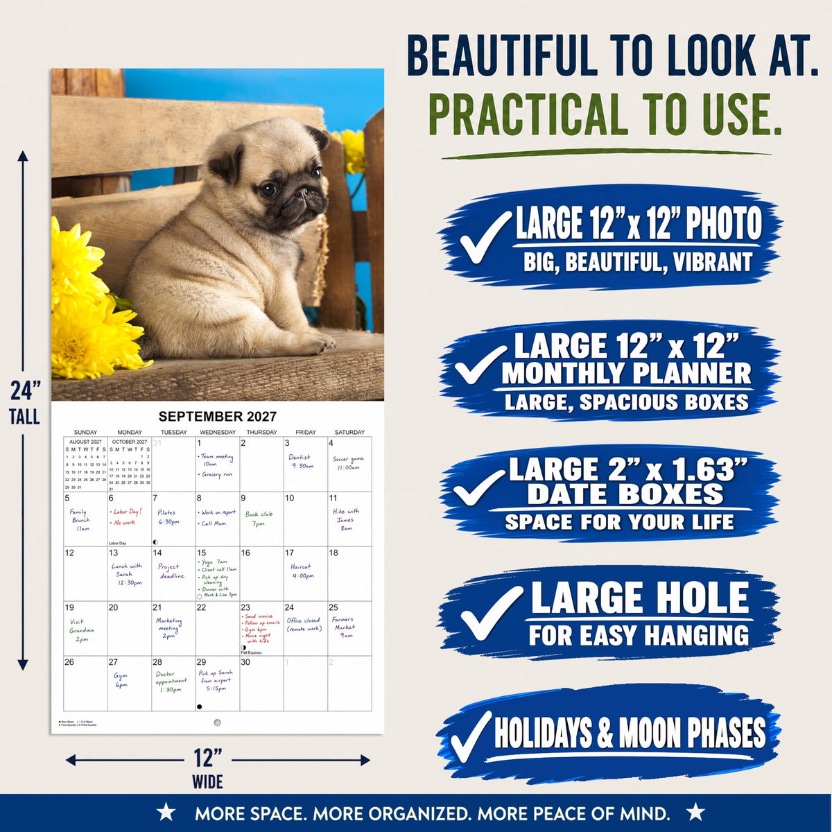 2027 Pugs Monthly Wall Calendar | Cute Dogs Calendar September 2026 - December 2027