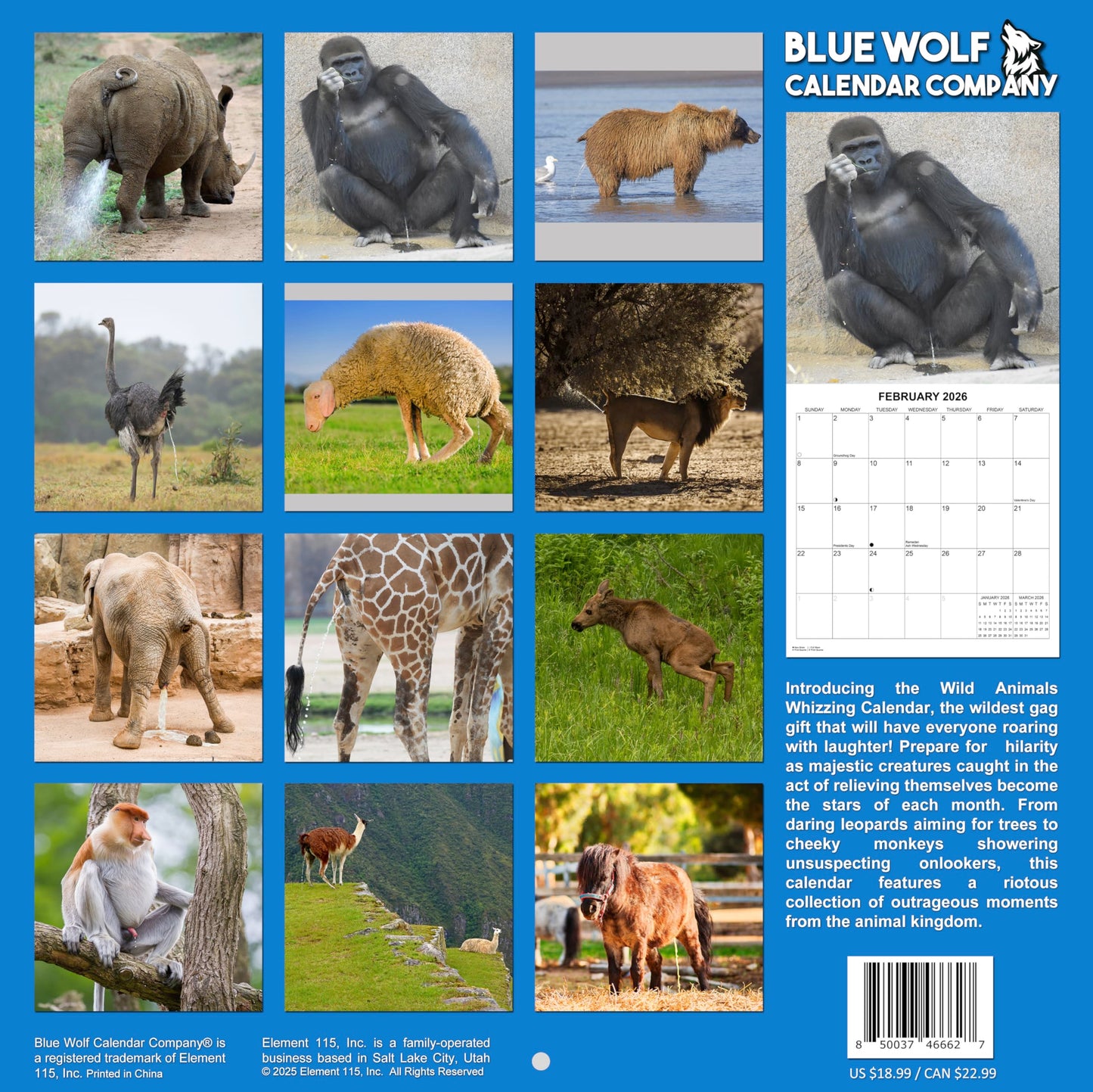 2026 Wild Animals Whizzing Wall Calendar | 12" x 24" | Prank Gift White Elephant or Gag Gift Calendar 2025-2026