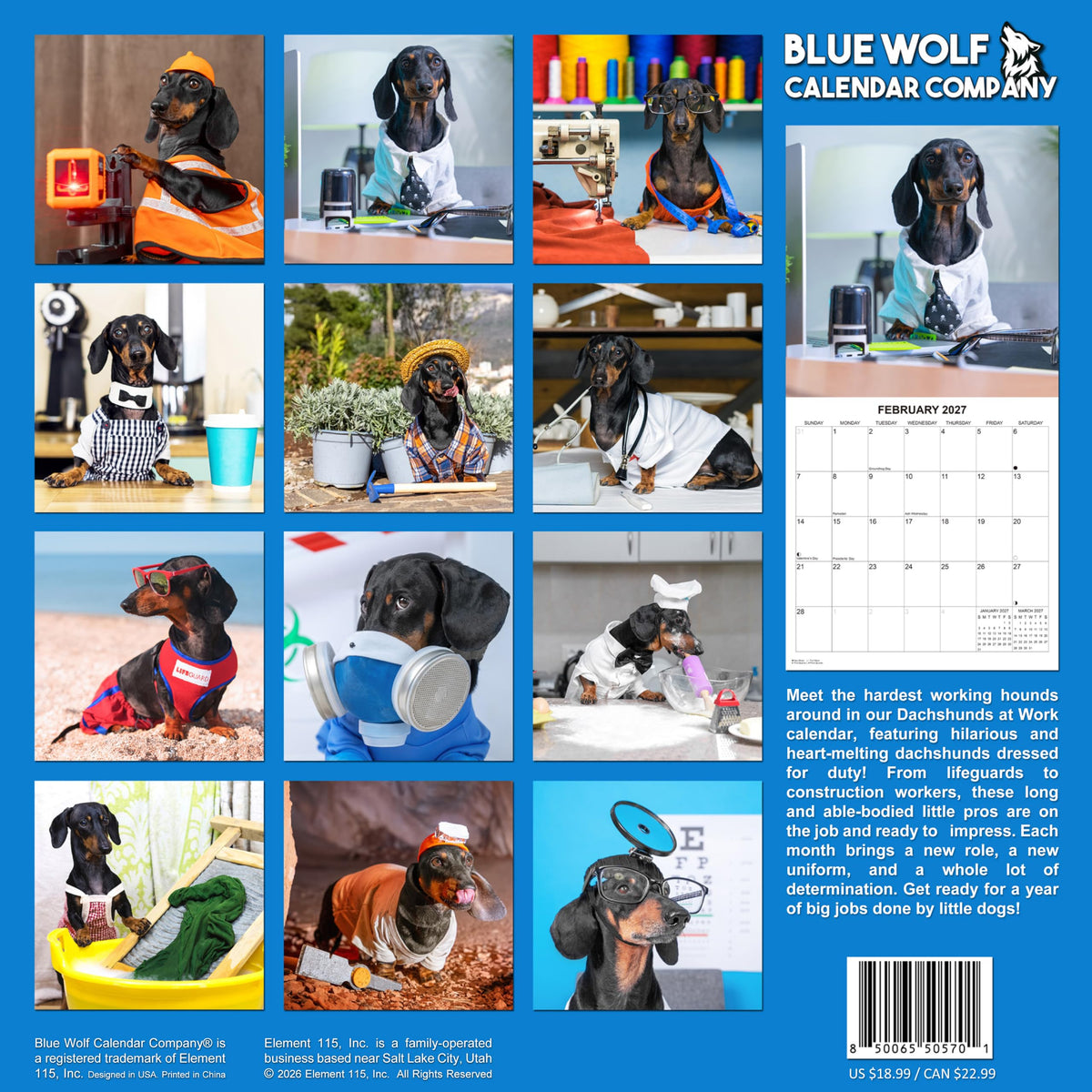 2027 Dachshunds at Work Weiner Dog Monthly Wall Calendar | Funny Wiener Dog Calendar September 2026 - December 2027