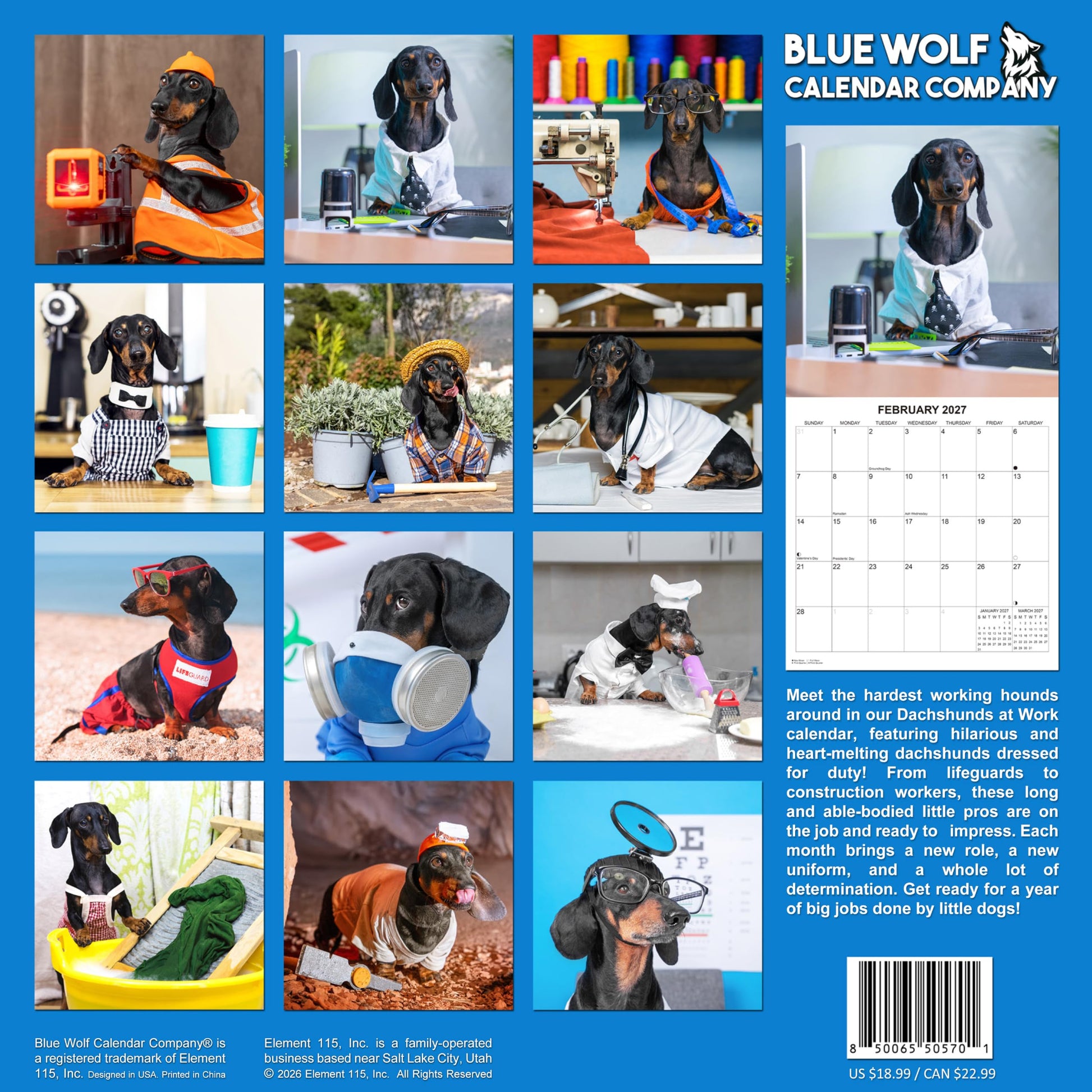 2027 Dachshunds at Work Weiner Dog Monthly Wall Calendar | Funny Wiener Dog Calendar September 2026 - December 2027