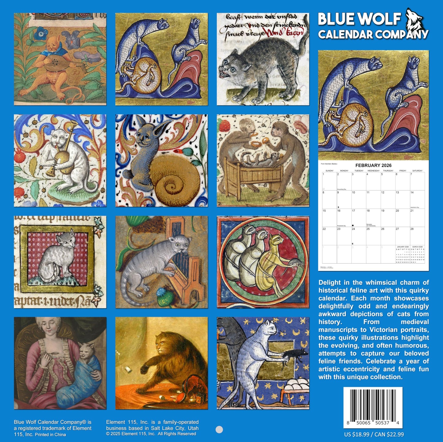 2026 History's Oddest Cat Art Monthly Wall Calendar - Ugly Cat Paintings through the Ages | 12" x 24" | White Elephant or Gag Gift Funny Calendar 2025-2026