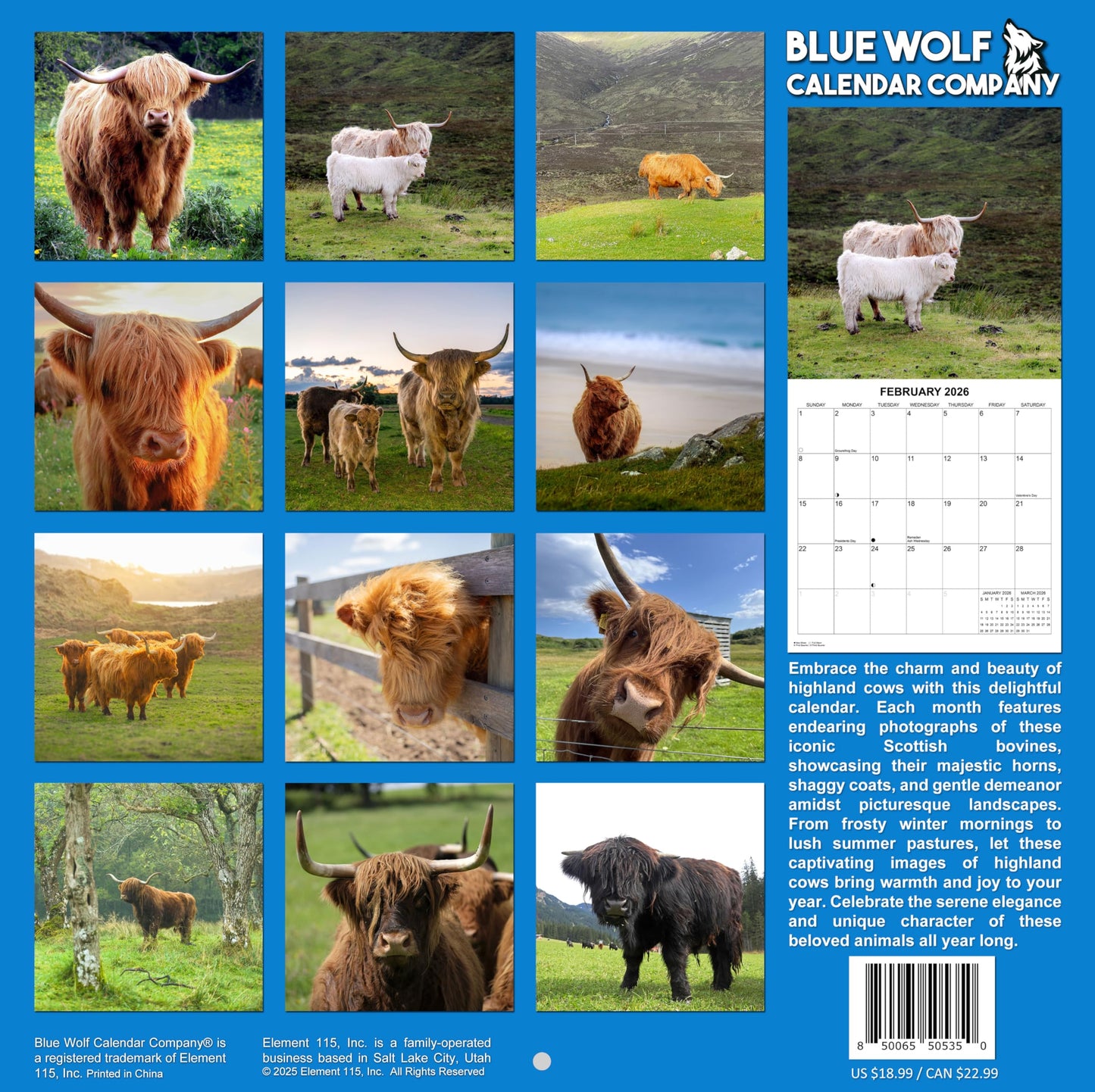 2026 Highland Cows Monthly Wall Calendar | 12" x 24" | Animals Calendar 2025-2026