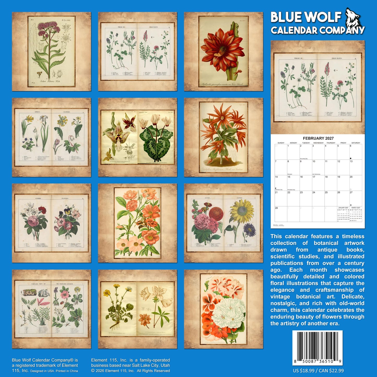 2027 Vintage Flower Illustrations Monthly Wall Calendar | Retro Botany Calendar 2026-2027