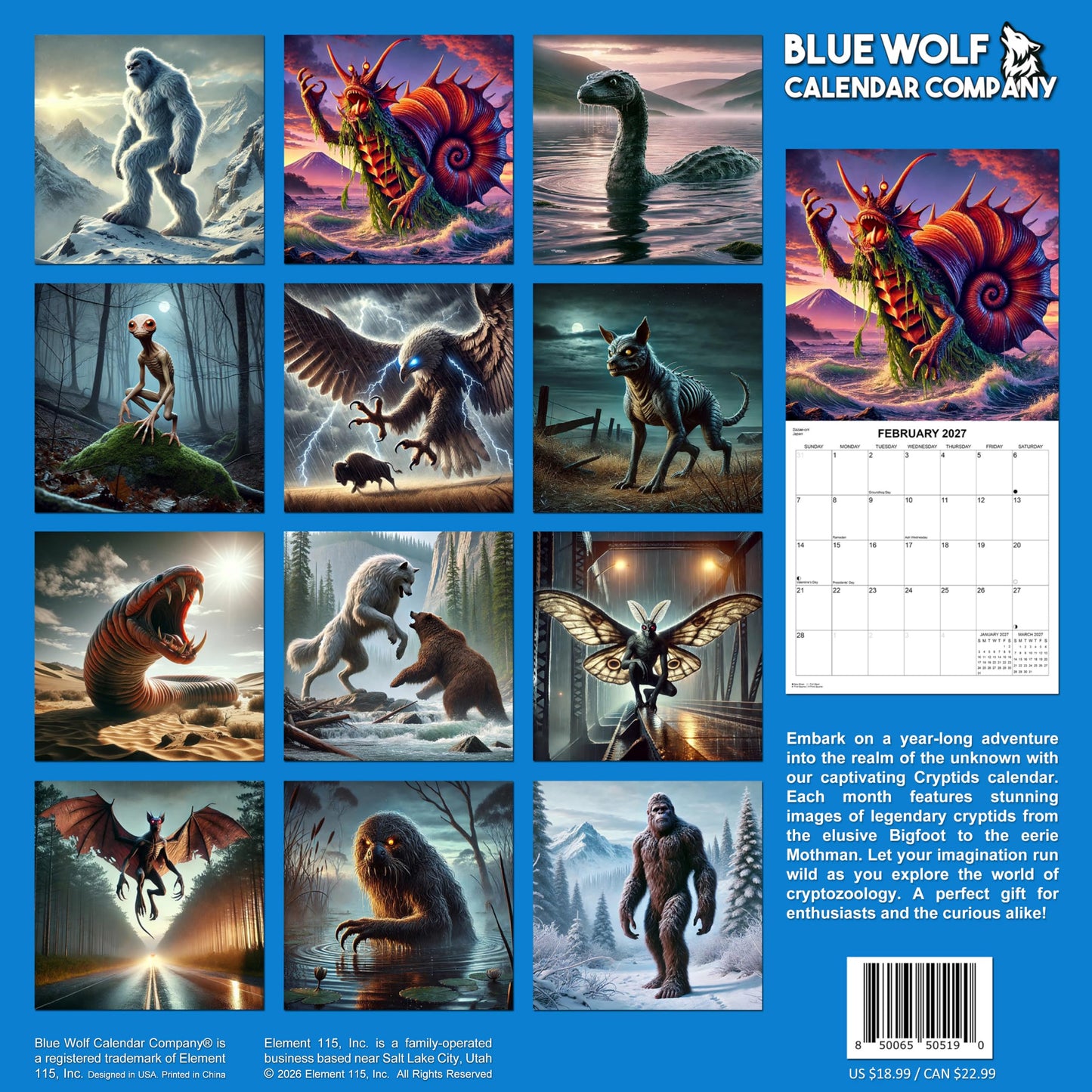 2027 Cryptids Monthly Wall Calendar | Monsters Gift Calendar 2026-2027