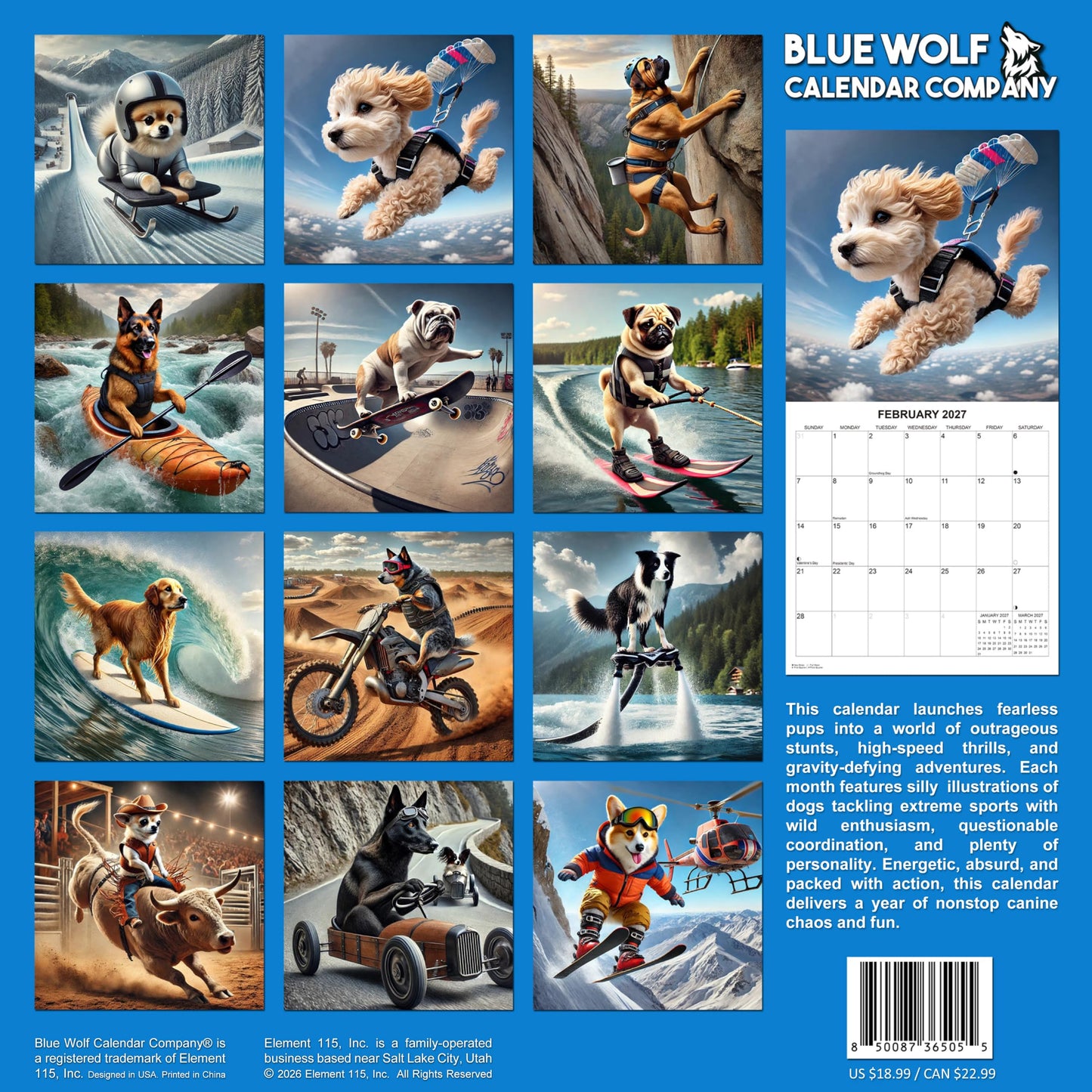 2027 Extreme Sports Dogs Edition Monthly Wall Calendar | Funny Dog Calendar September 2026 - December 2027