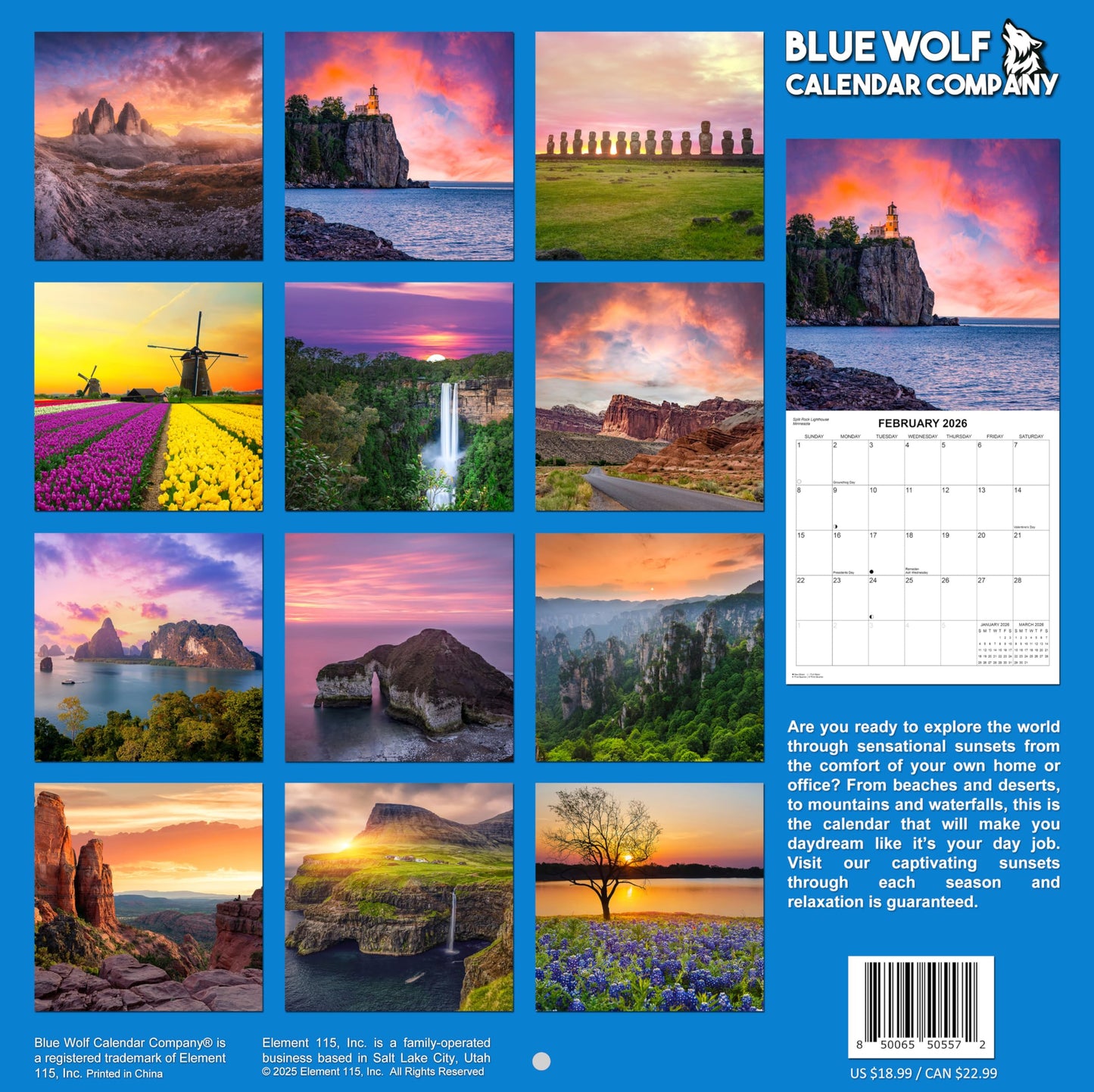 2026 Sunsets Monthly Wall Calendar | 12" x 24" | Travel Calendar 2025-2026