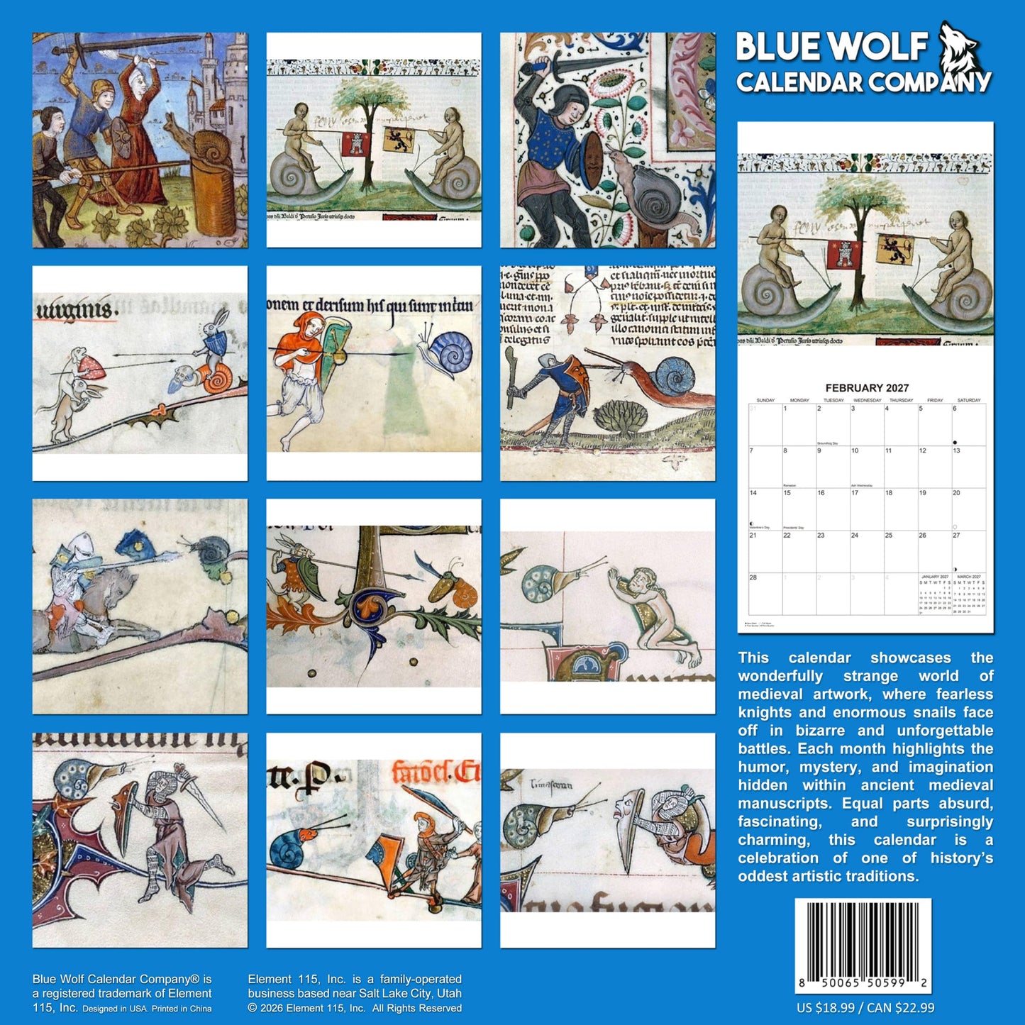 2027 Medieval Snail Battles Illustrations White Elephant Monthly Wall Calendar - Funny Gag Gift | Prank Gift Calendar 2026-2027