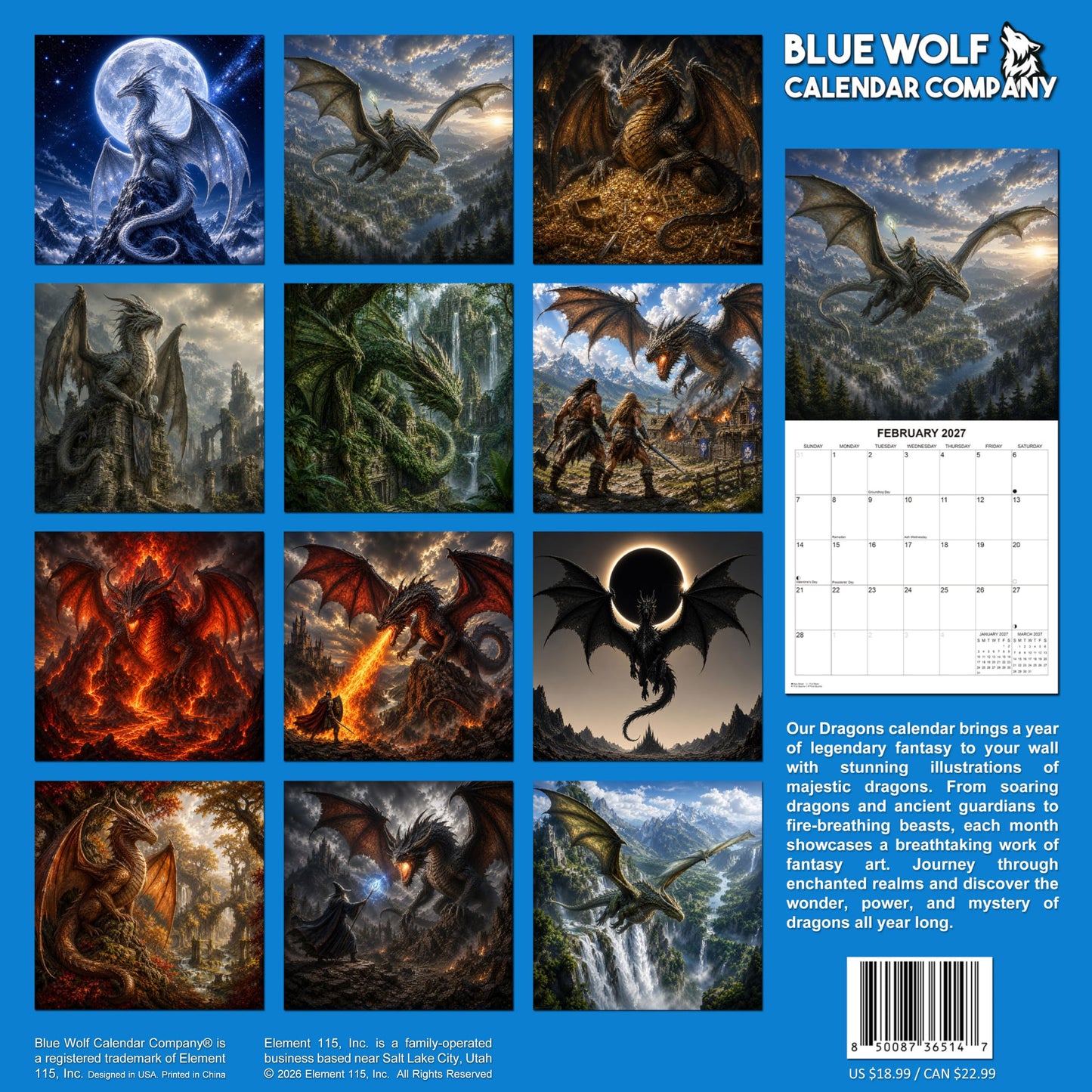2027 Fantasy Dragons Monthly Wall Calendar | Fantasy Dragon Art Calendar 2026-2027