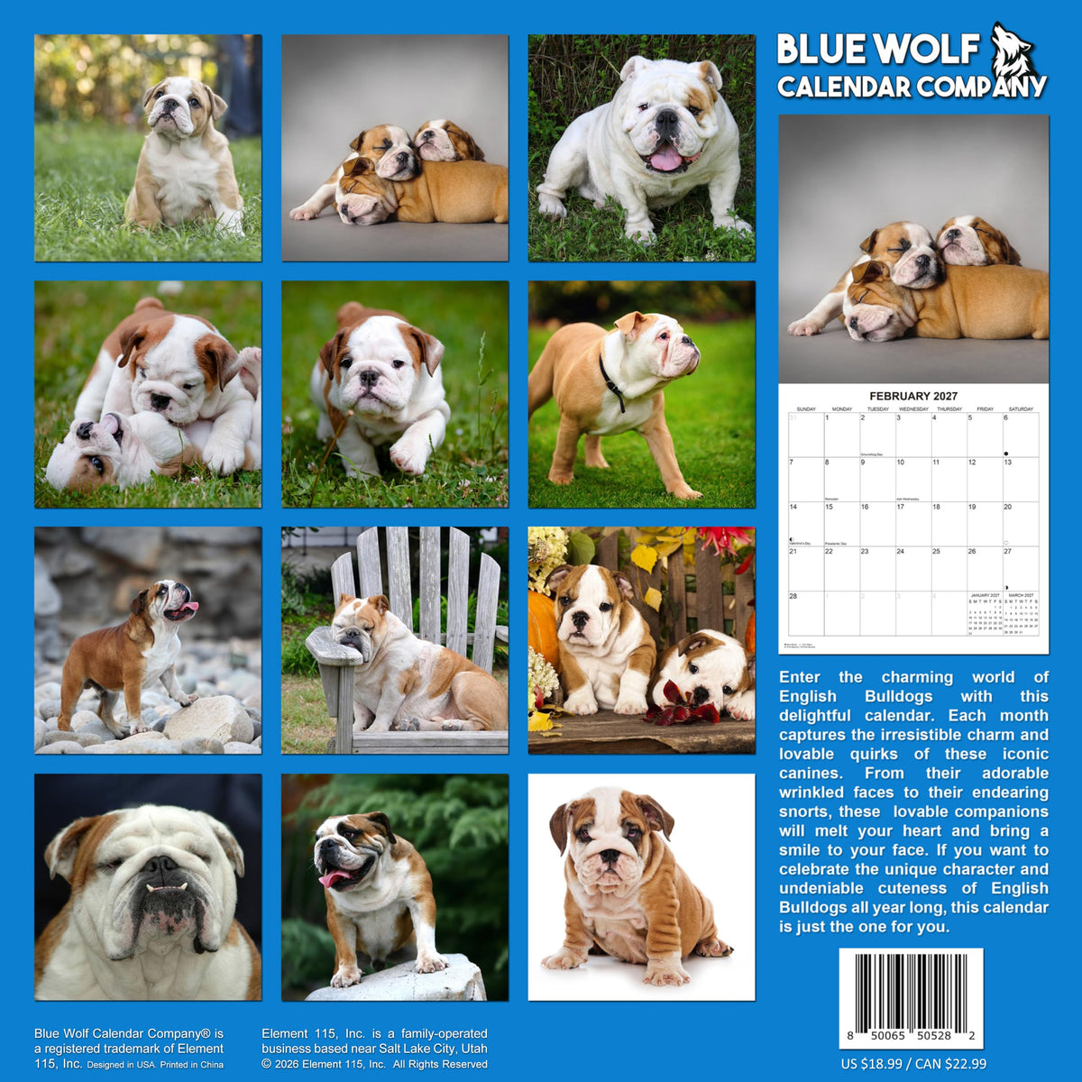 2027 English Bulldogs Monthly Wall Calendar | Cute Dogs Calendar September 2026 - December 2027
