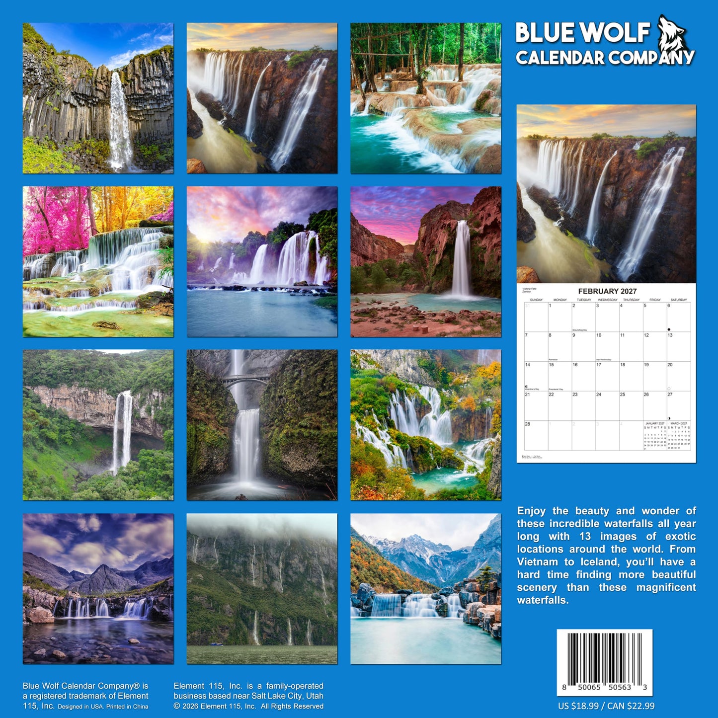 2027 Waterfalls Monthly Wall Calendar | Travel Calendar 2026-2027