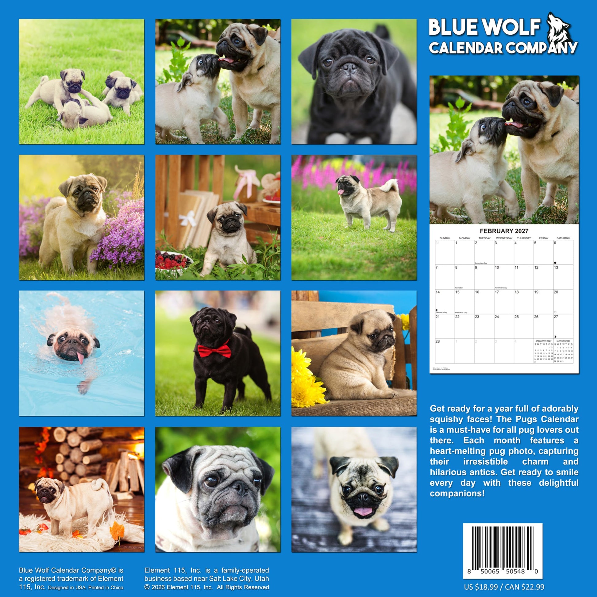 2027 Pugs Monthly Wall Calendar | Cute Dogs Calendar September 2026 - December 2027