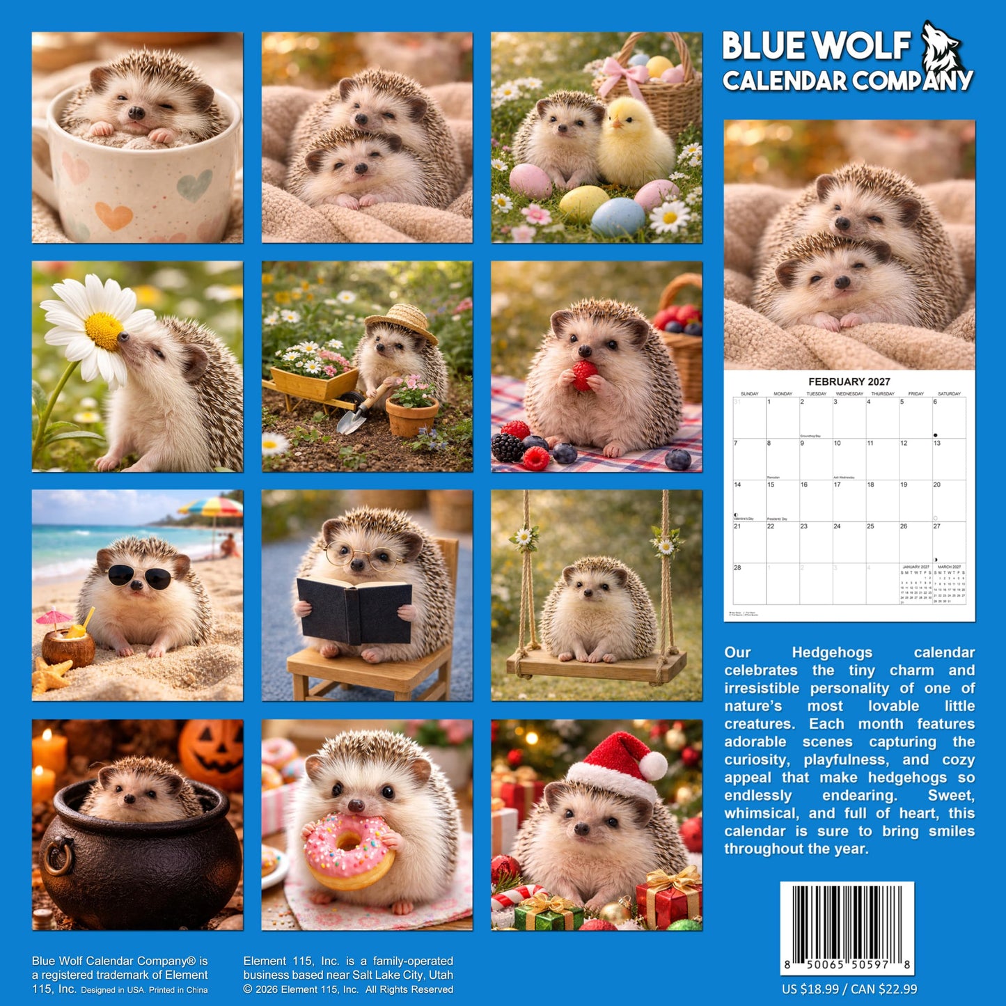 2027 Hedgehogs Monthly Wall Calendar | Cute Animals Calendar 2026-2027