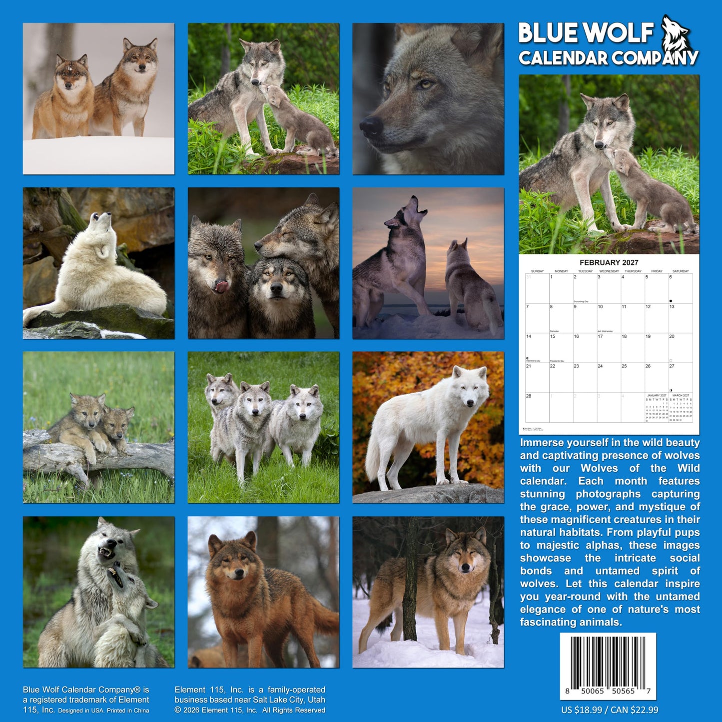 2027 Wolves of the Wild Monthly Wall Calendar | Wild Animals Calendar 2026-2027
