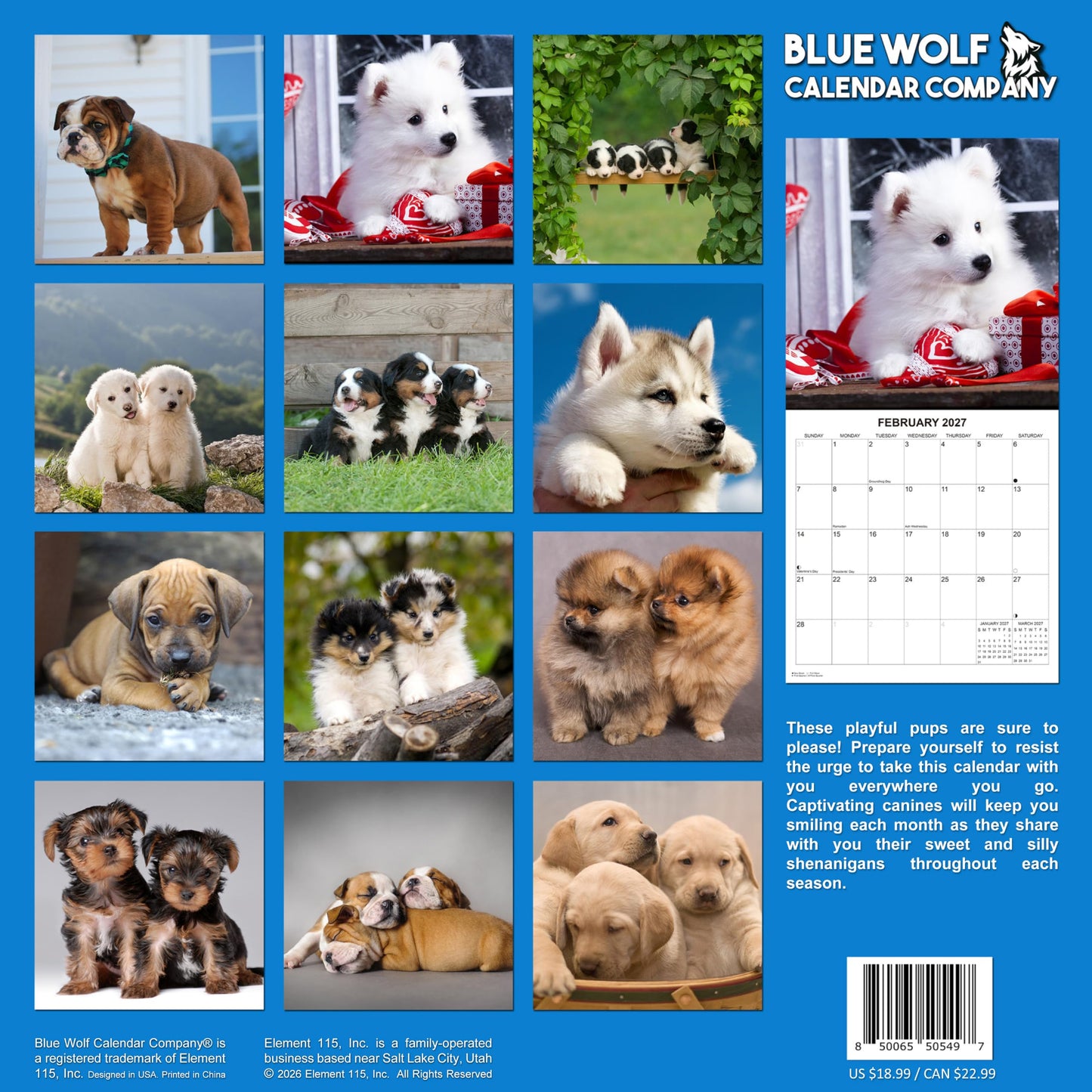 2027 Puppies Monthly Wall Calendar | Cute Dogs Calendar September 2026 - December 2027