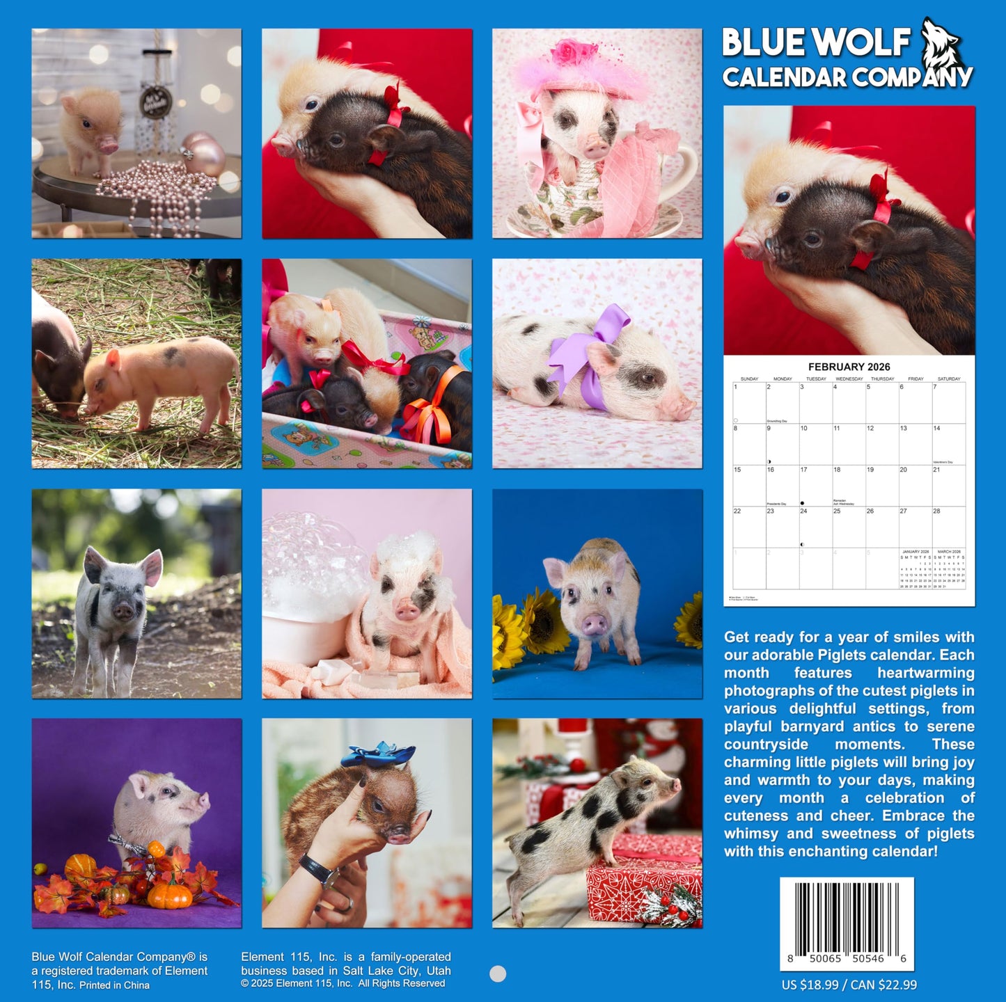 2026 Piglets Monthly Wall Calendar | 12" x 24" | Cute Animals Calendar 2025-2026