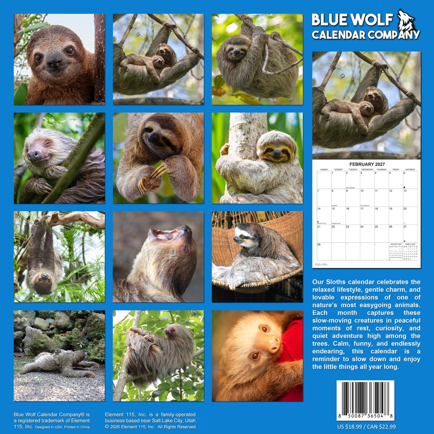 2027 Sloths Monthly Wall Calendar | Cute Animals Calendar 2026-2027