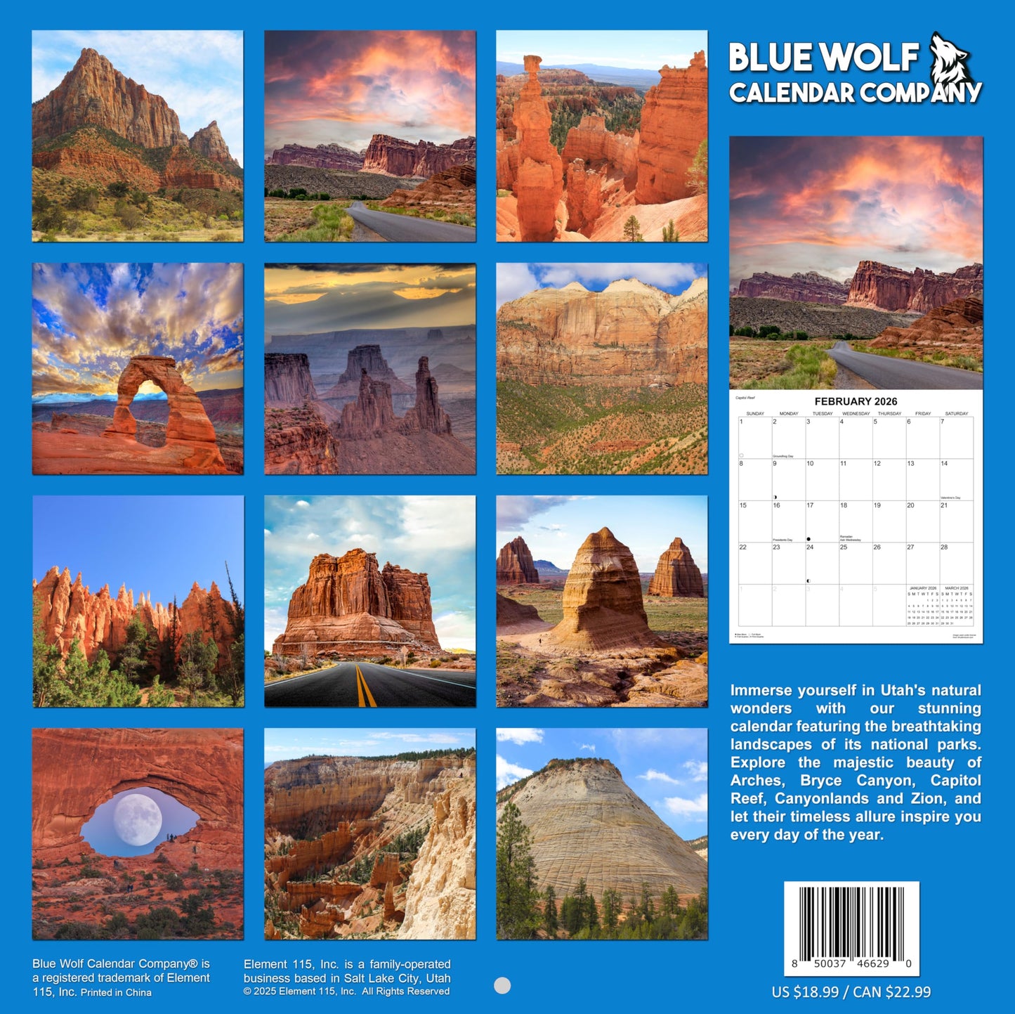 2026 Utah National Parks Monthly Wall Calendar | 12" x 24" | Travel Calendar 2025-2026