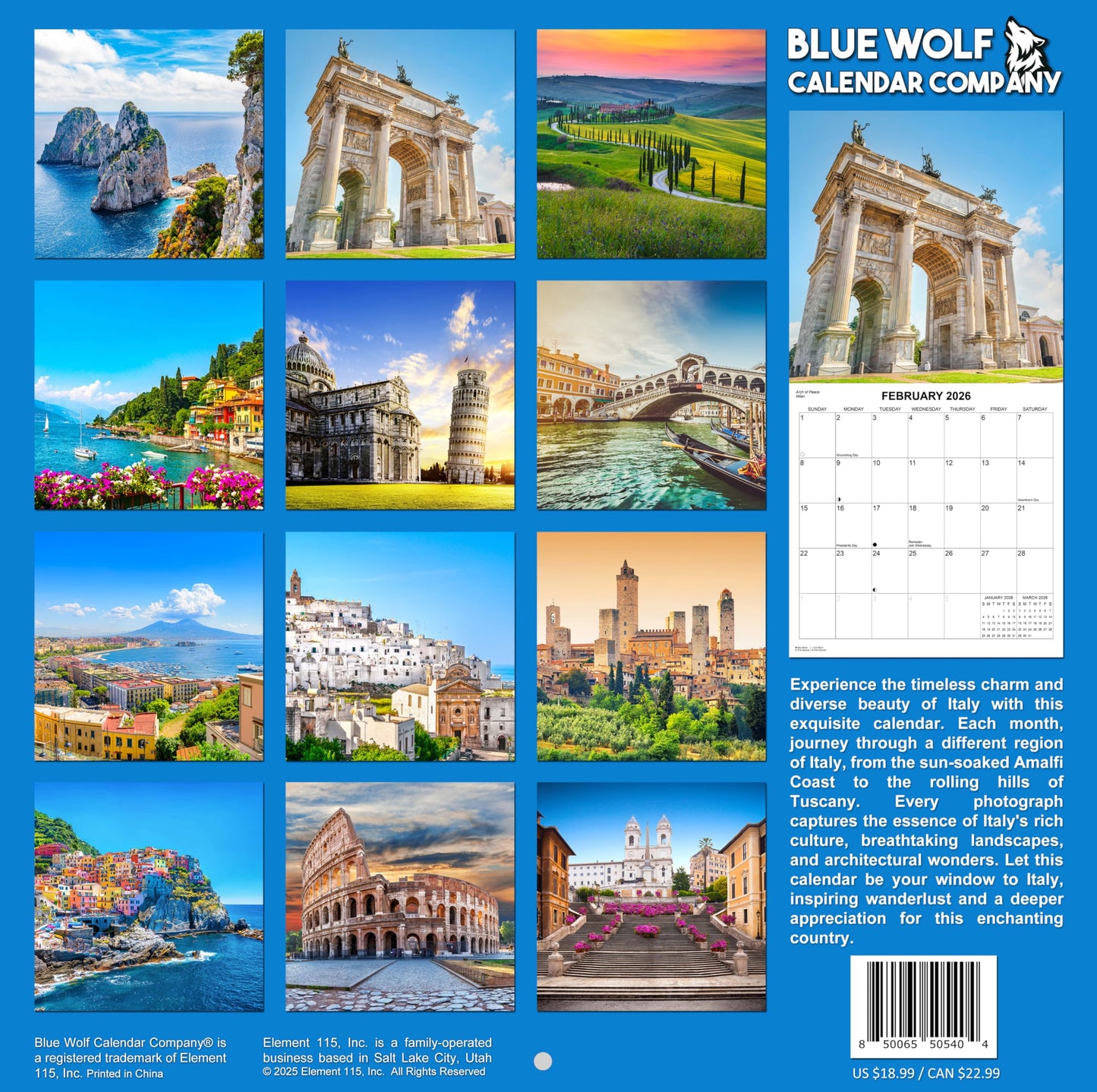 2026 Italy Monthly Wall Calendar | 12" x 24" | Travel Calendar 2025-2026