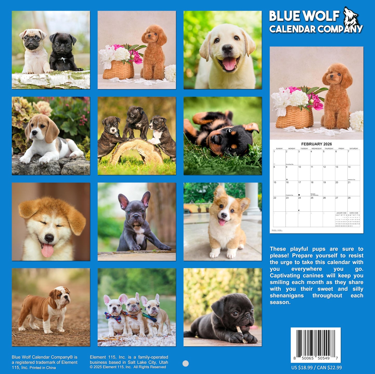 2026 Puppies Monthly Wall Calendar | 12" x 24" | Puppy Dog Calendar September 2025- December 2026
