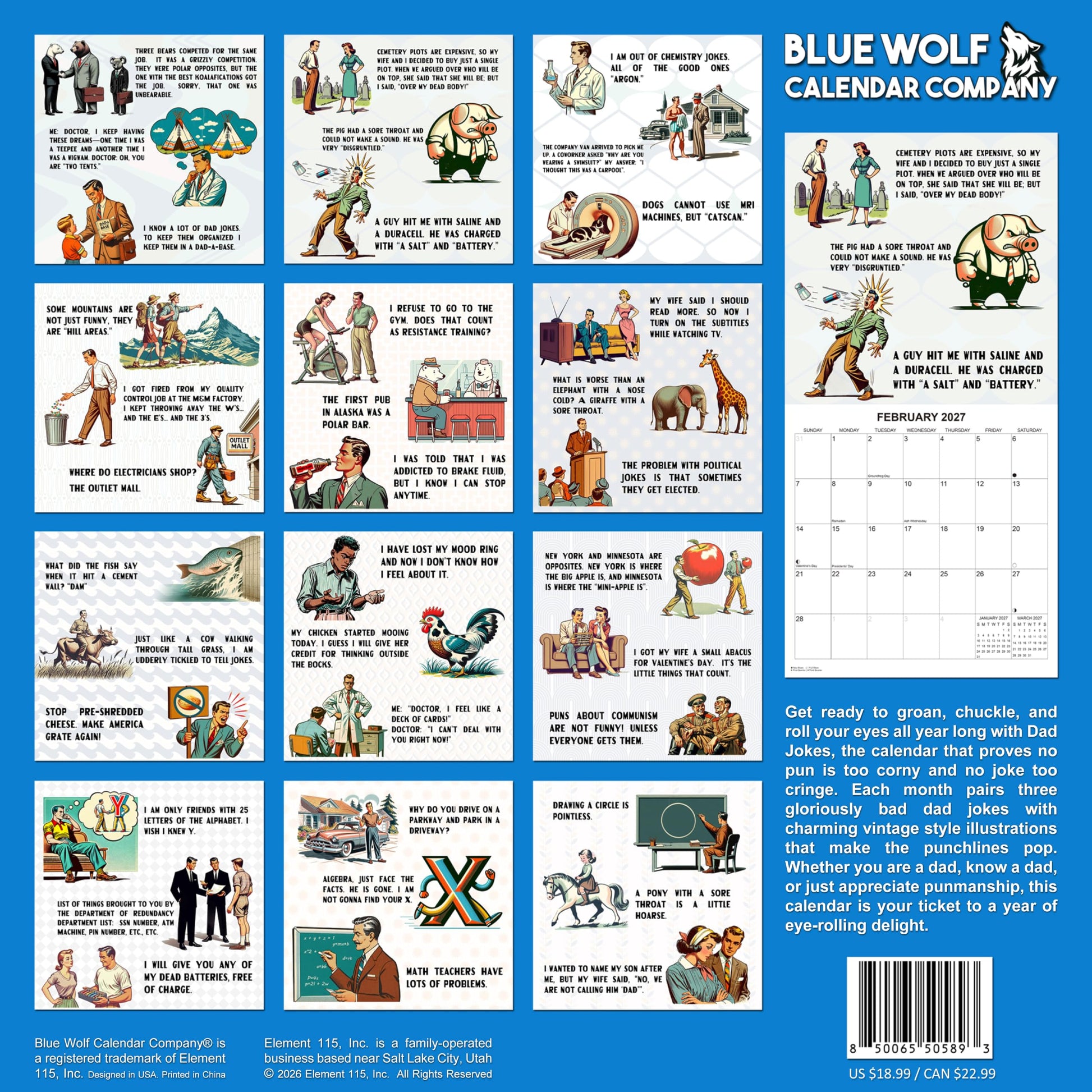 2027 Dad Jokes Funny Monthly Wall Calendar | Vintage Style Drawings | Funny Gift Calendar 2026-2027