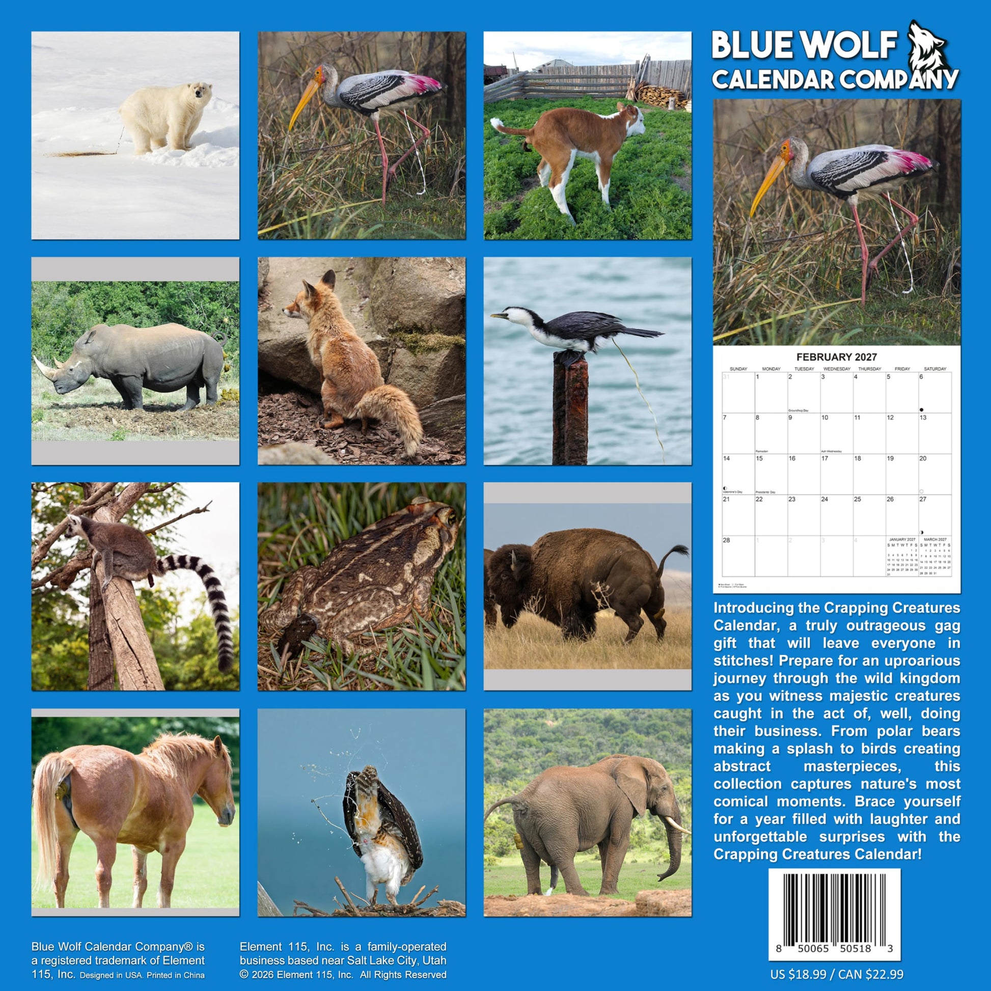 2027 Crapping Creatures Monthly Wall Calendar - Wild Animals Pooping Calendar | 2026 Prank Gift White Elephant or Gag Gift Calendar 2026-2027