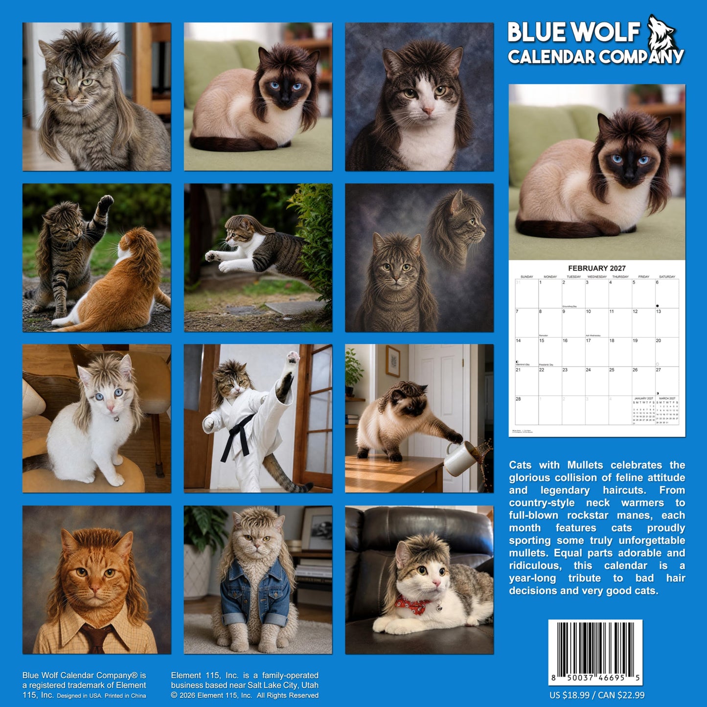 2027 Cats with Mullets White Elephant Monthly Wall Calendar - Funny Gag Gift | Prank Gift Calendar 2026-2027