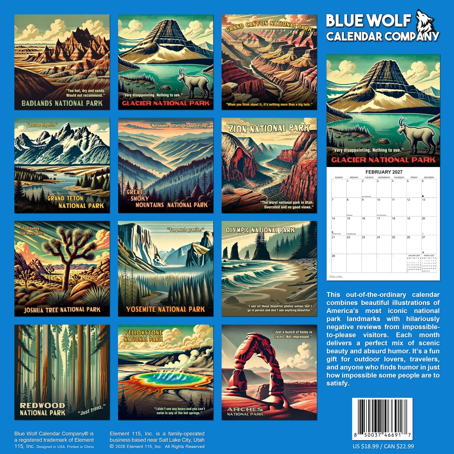 2027 Lousy National Parks - The Worst Reviews of America's Best Parks White Elephant Monthly Wall Calendar - Funny Gag Gift | Prank Gift Calendar 2026-2027